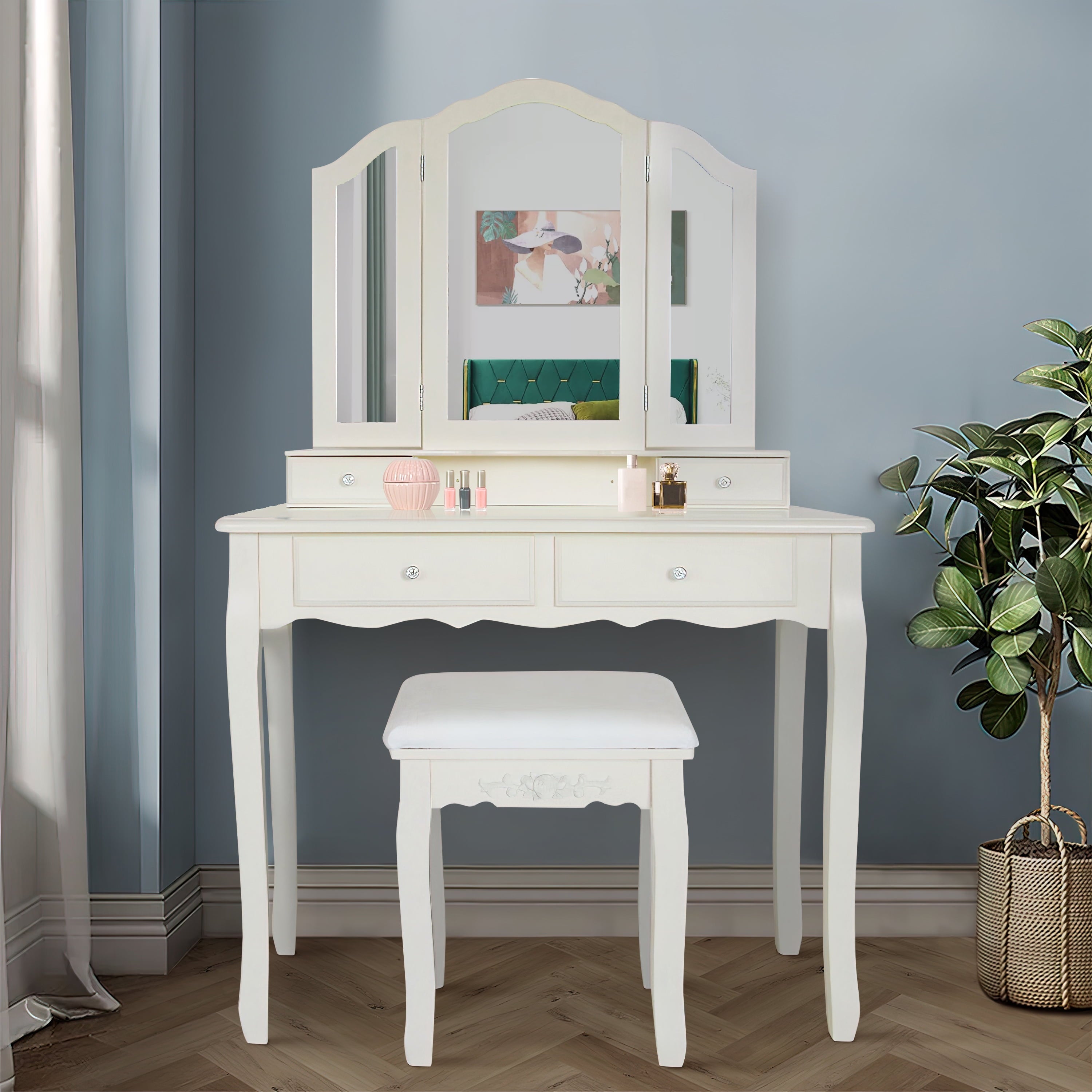 Lowest Prices - 35 Inch 3 Piece Vanity Desk Set with Cushioned Stool and Elegant Trifold Mirror, 4 Drawers, Off White Solid Wood-Saltoro