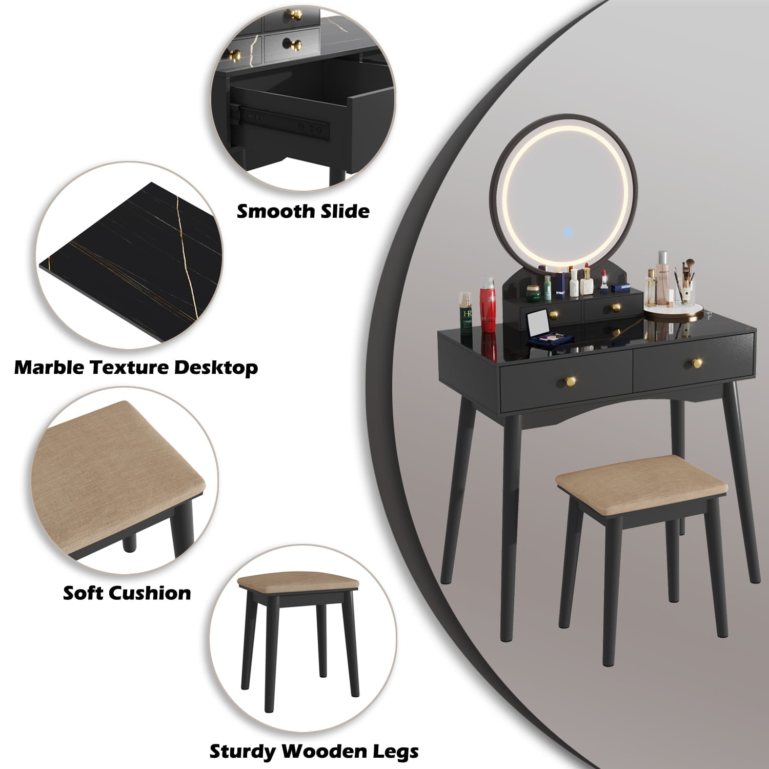 Lowest Prices - Furmax Vanity Table with Lighted Mirror, Vanity Desk with Stool, Dressing Table with 4 Drawers, Makeup Vanity Set, Black Finish, for Bedroom