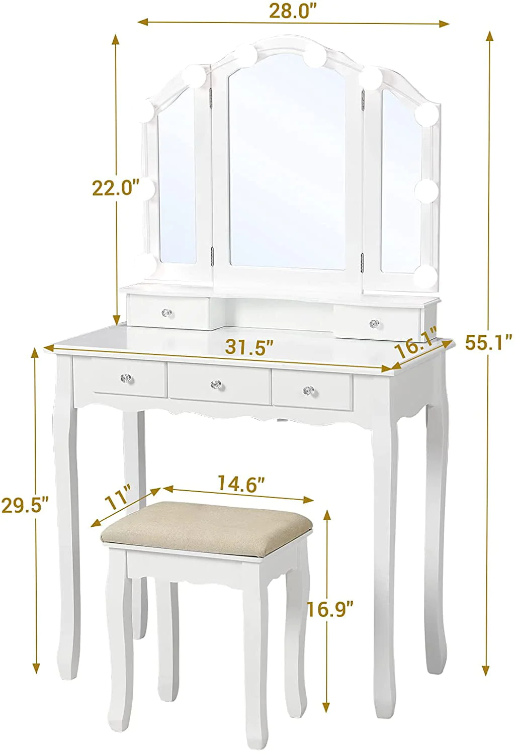 Lowest Prices - Makeup Vanity Set Desk Table with with Lights & Tri-Folding Mirror,Dressing Table with Cushion Stool & 5 Drawers, White