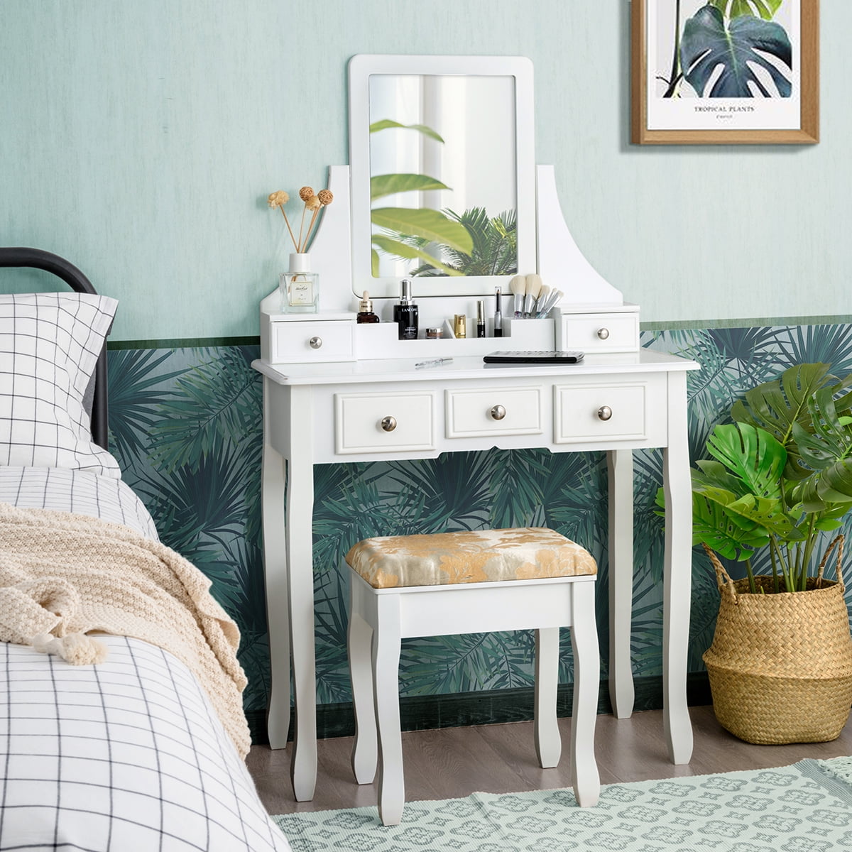 Lowest Prices - Gymax Vanity Set Makeup Dressing Table & Stool w/5 Drawers White