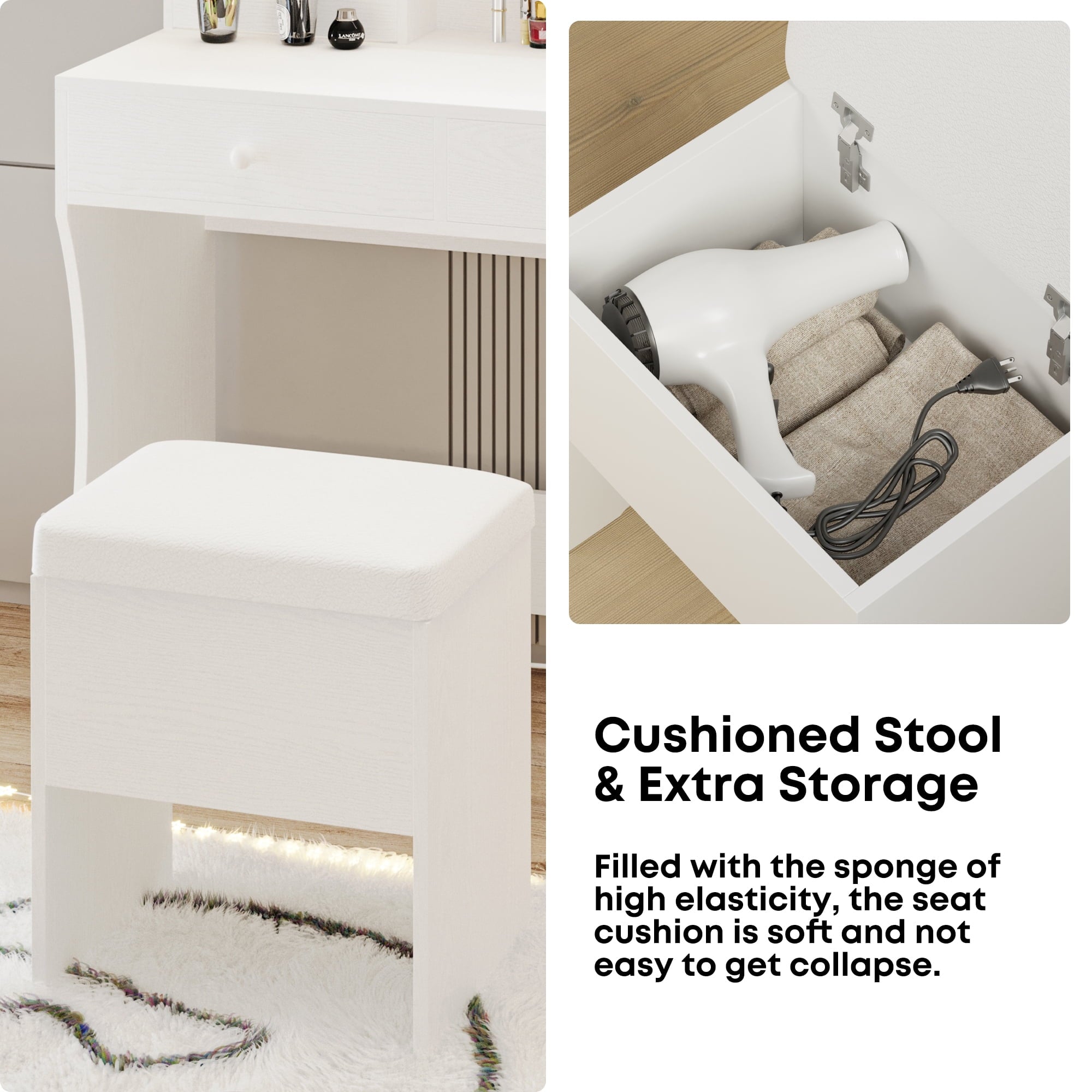 Lowest Prices - LIKIMIO Vanity Desk with LED  Mirror, Bedroom Makeup Table with 4 Drawers, Storage Stool, White