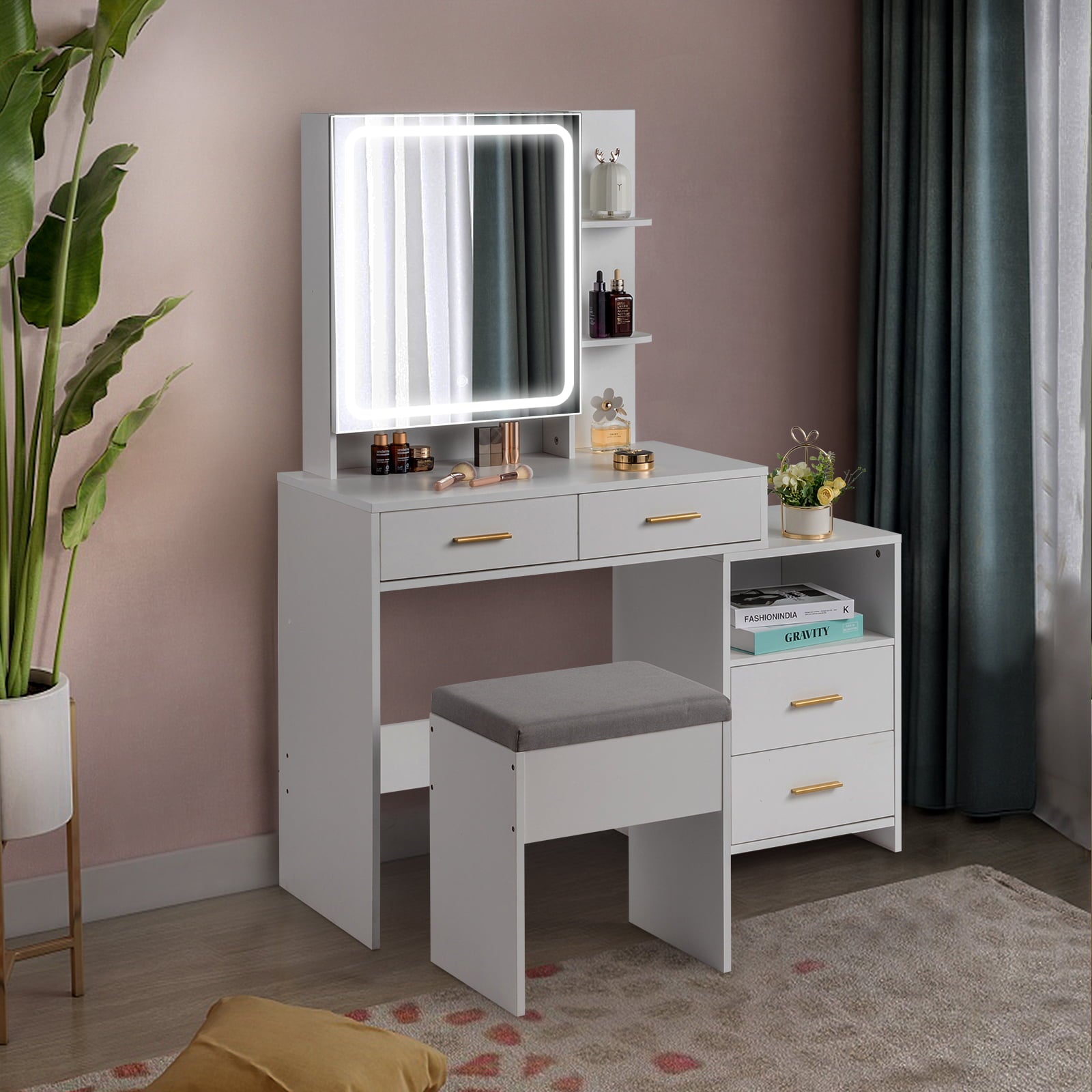 Lowest Prices - Ktaxon 3 Color Lighted Vanity Table with Sliding Mirror Vanity Set with Storage Drawers Hidden Shelves Cushion Stool White