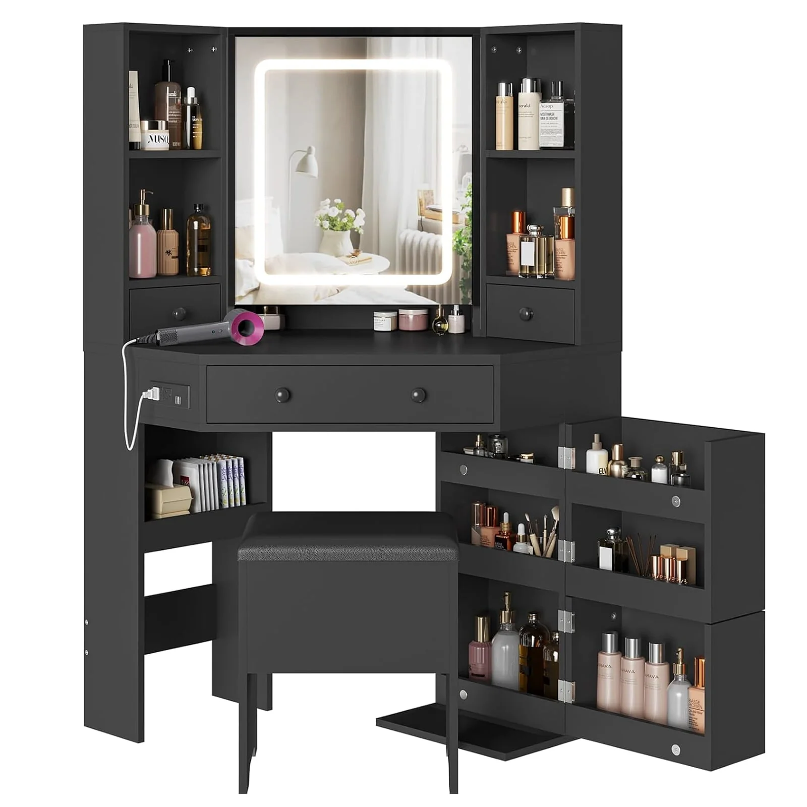 Lowest Prices - Black Vanity Set with Lights & Charging Station & Cushioned Stool, Modern Makeup Vanity Desk Table with Visible Drawers and Open Storage Shelves for Women Girls