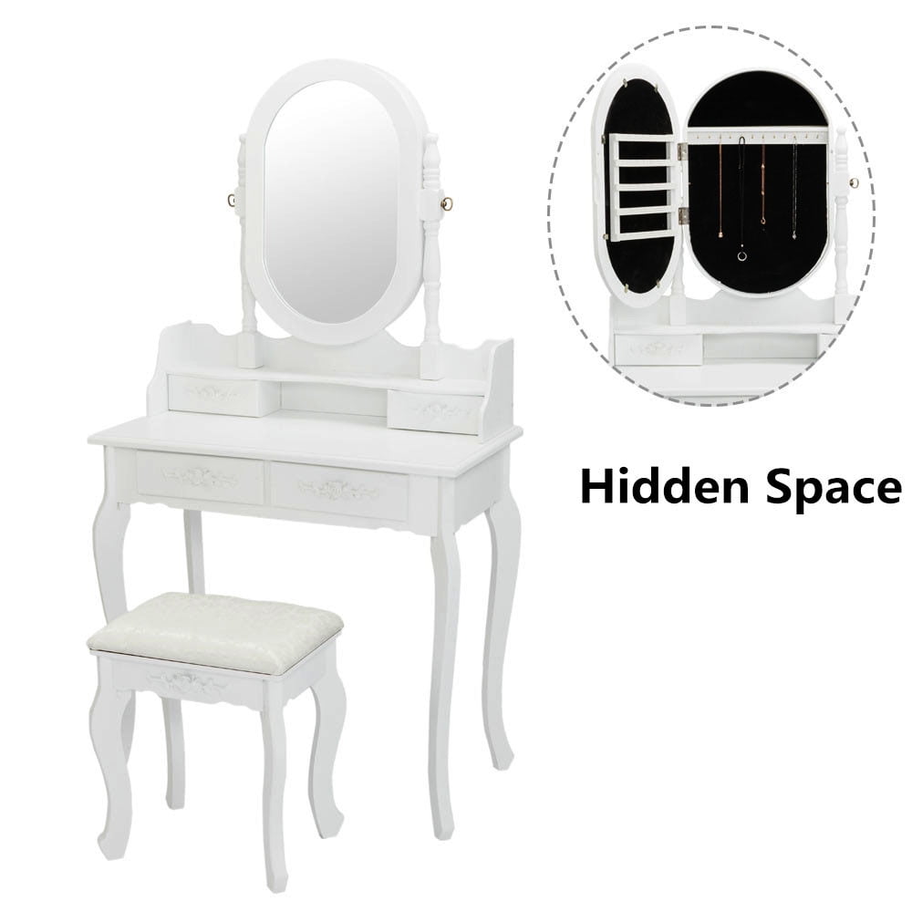 Lowest Prices - Ktaxon Vanity Jewelry Wooden Makeup Dressing Table Set W/Stool Mirror Cabinet &4 Drawer