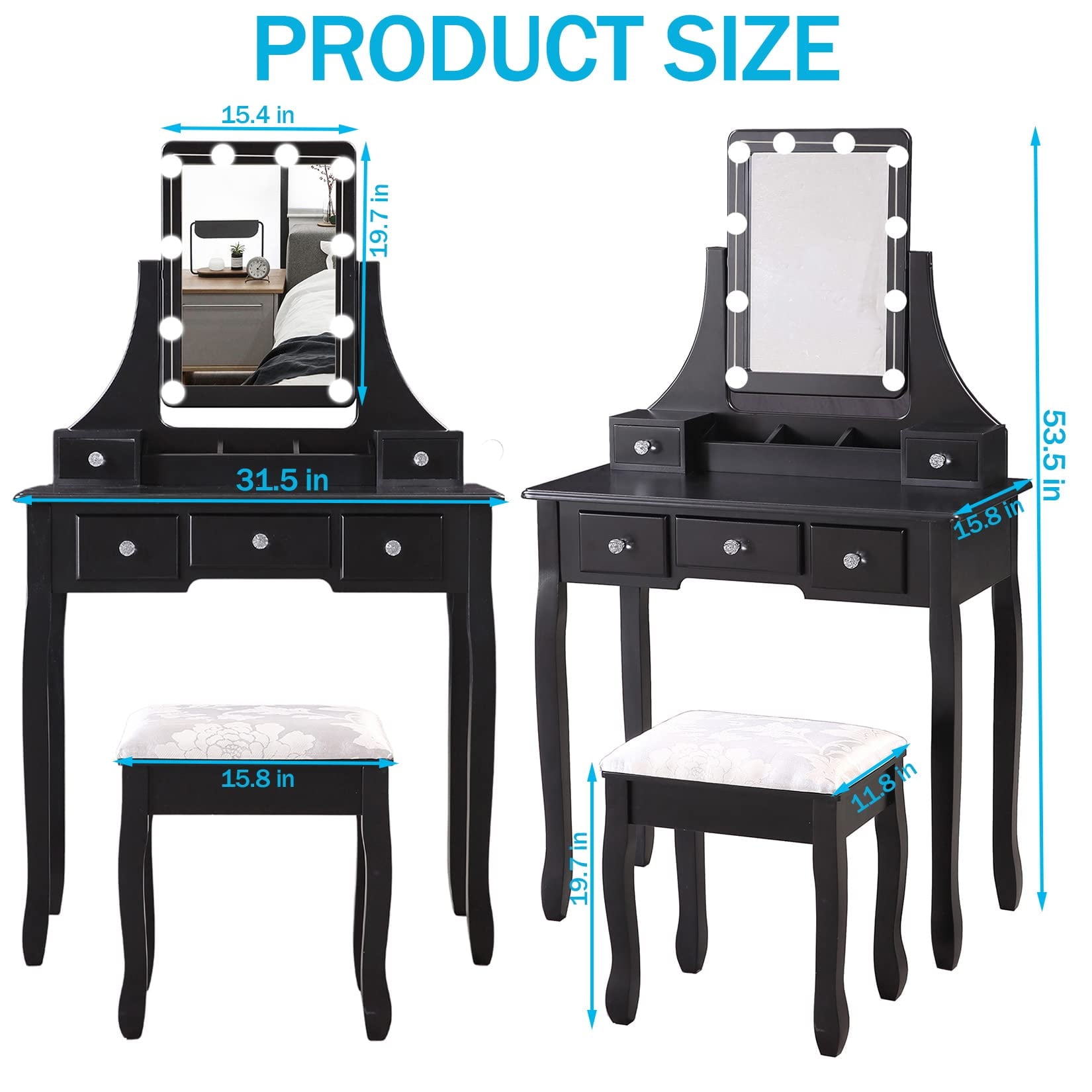 Lowest Prices - VEANERWOOD Makeup Vanity Table with 10 Led Lights, Lighted Mirror Vanity Desk with Cushioned Stool Set, 5 Drawers and 2 Shelves, Bedroom Dressing Vanity, Luxurious, Black