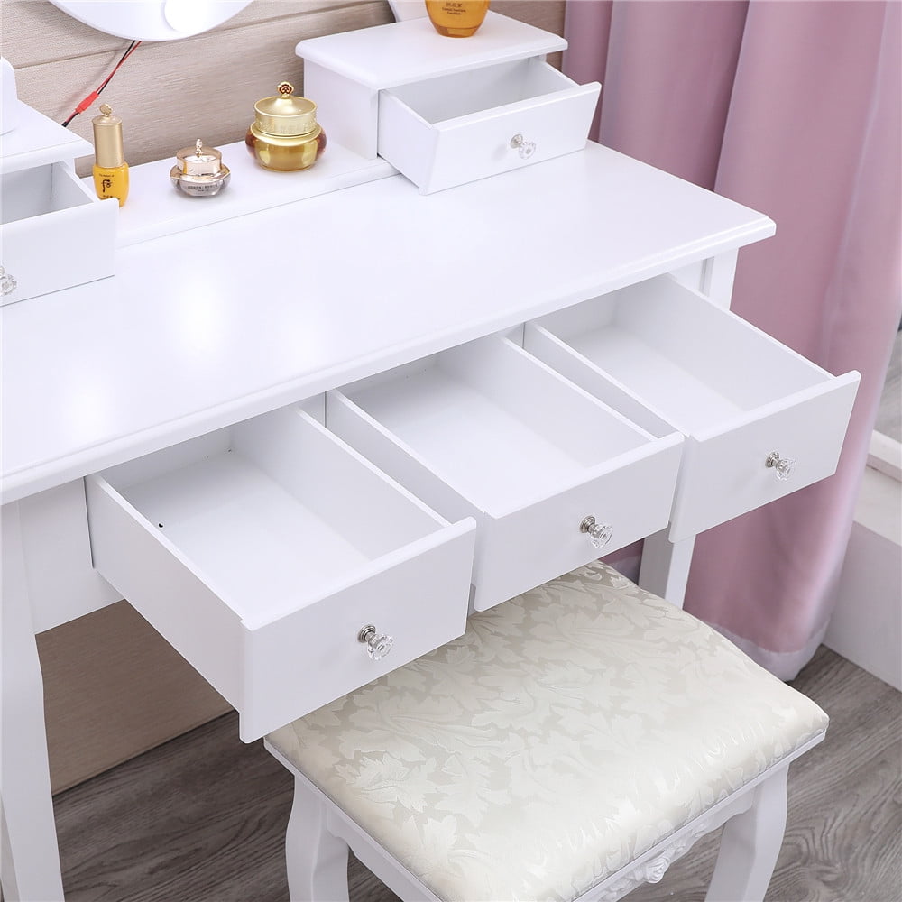 Lowest Prices - Ktaxon Vanity Table 10 LED Lights, 5 Drawers Makeup Dressing Desk with Cushioned Stool Set,Bedroom Vanities Set White