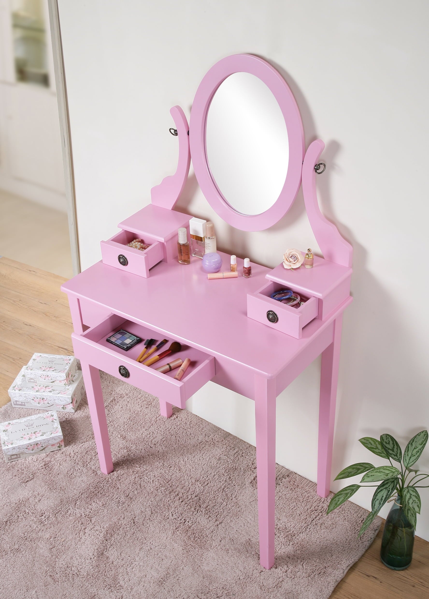Lowest Prices - Roundhill Furniture Moniya Wood Vanity Table and Stool Set, Pink