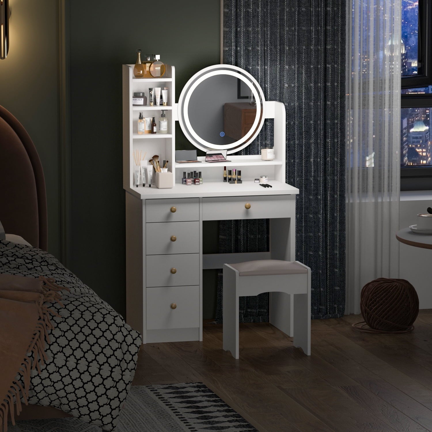 Lowest Prices - Makeup Vanity Dressing Table with 5 Drawers and Shelves, Vanity Set with Lighted Round Mirror, White Dresser Desk and Cushioned Stool Set