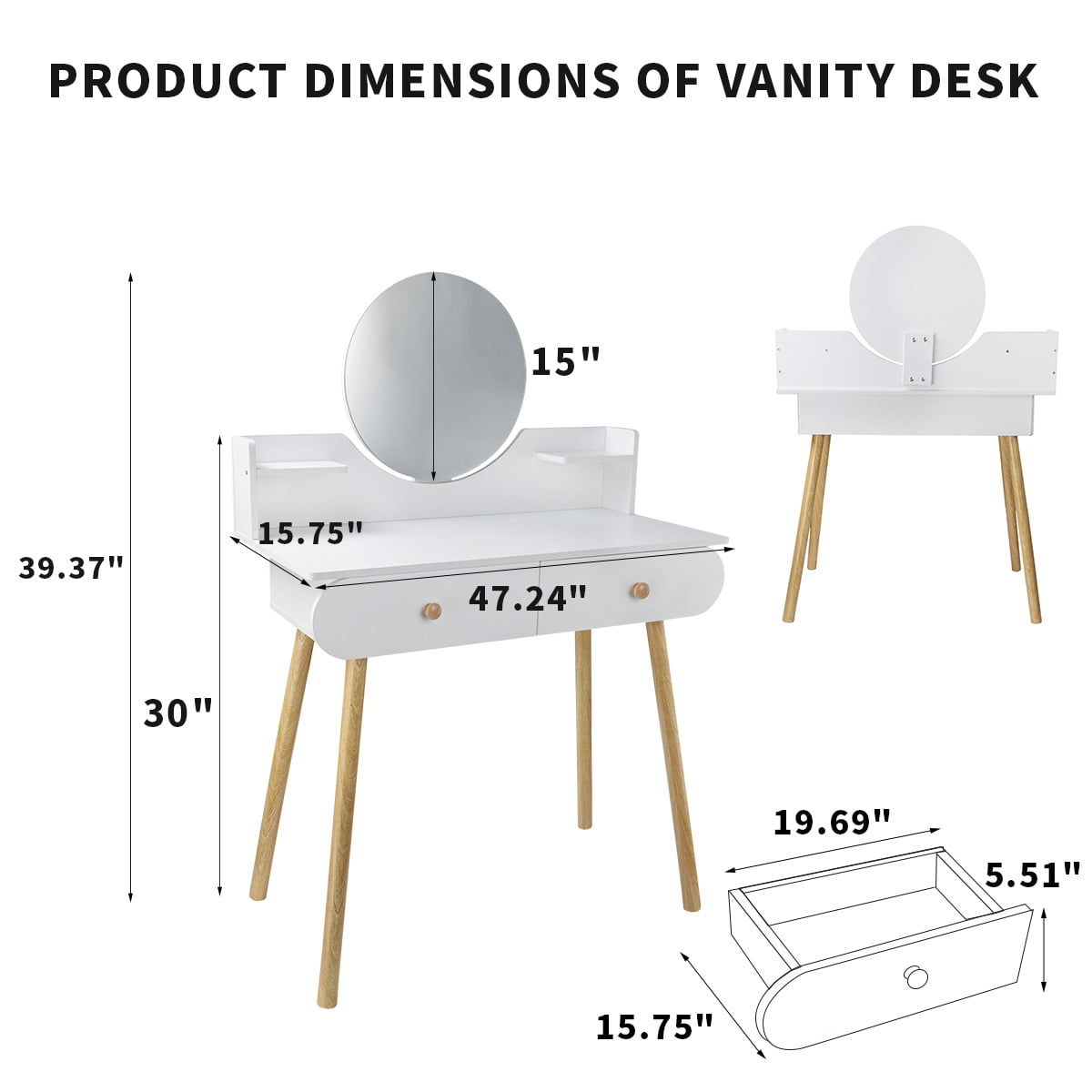 Lowest Prices - Modern Vanity Table Makeup Desk, 2 Drawers and 4 Shelves for Bedroom White(Without Stool and LED)