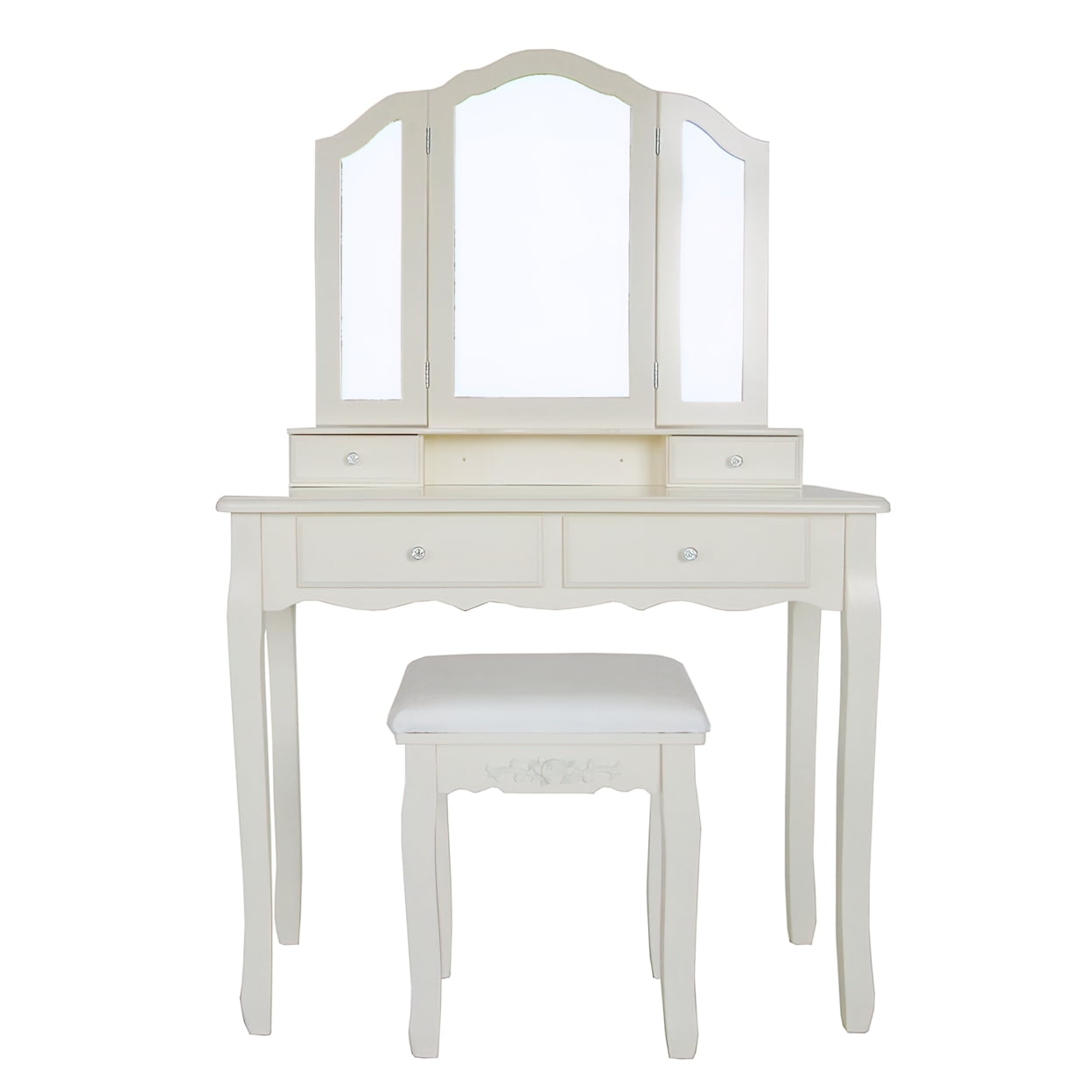 Lowest Prices - 35 Inch 3 Piece Vanity Desk Set with Cushioned Stool and Elegant Trifold Mirror, 4 Drawers, Off White Solid Wood-Saltoro