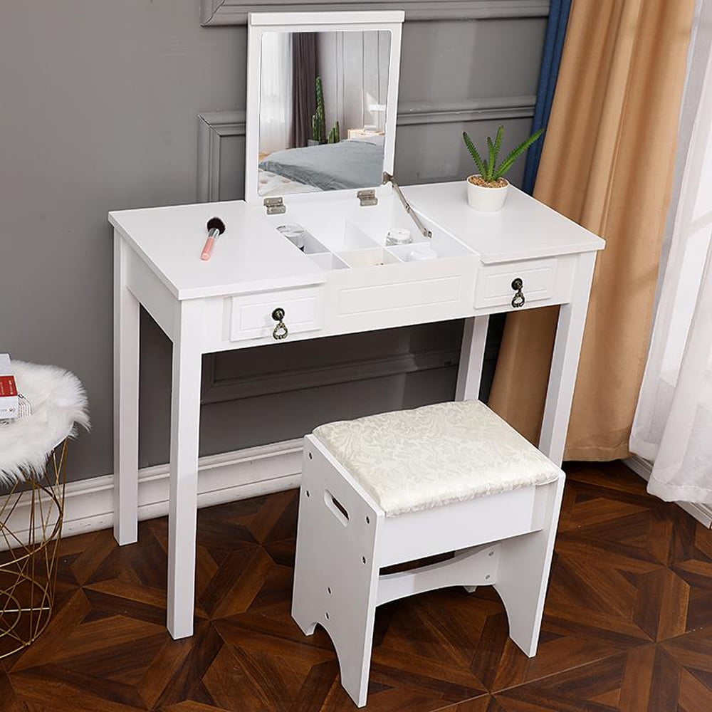 Lowest Prices - Ktaxon Dressing Table Vanity Set Makeup Table with Flip-top Mirror,Cushioned Stool and 2 drawers,White