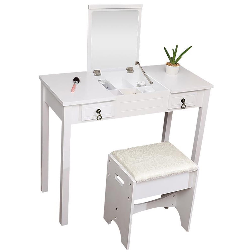 Lowest Prices - Ktaxon Dressing Table Vanity Set Makeup Table with Flip-top Mirror,Cushioned Stool and 2 drawers,White