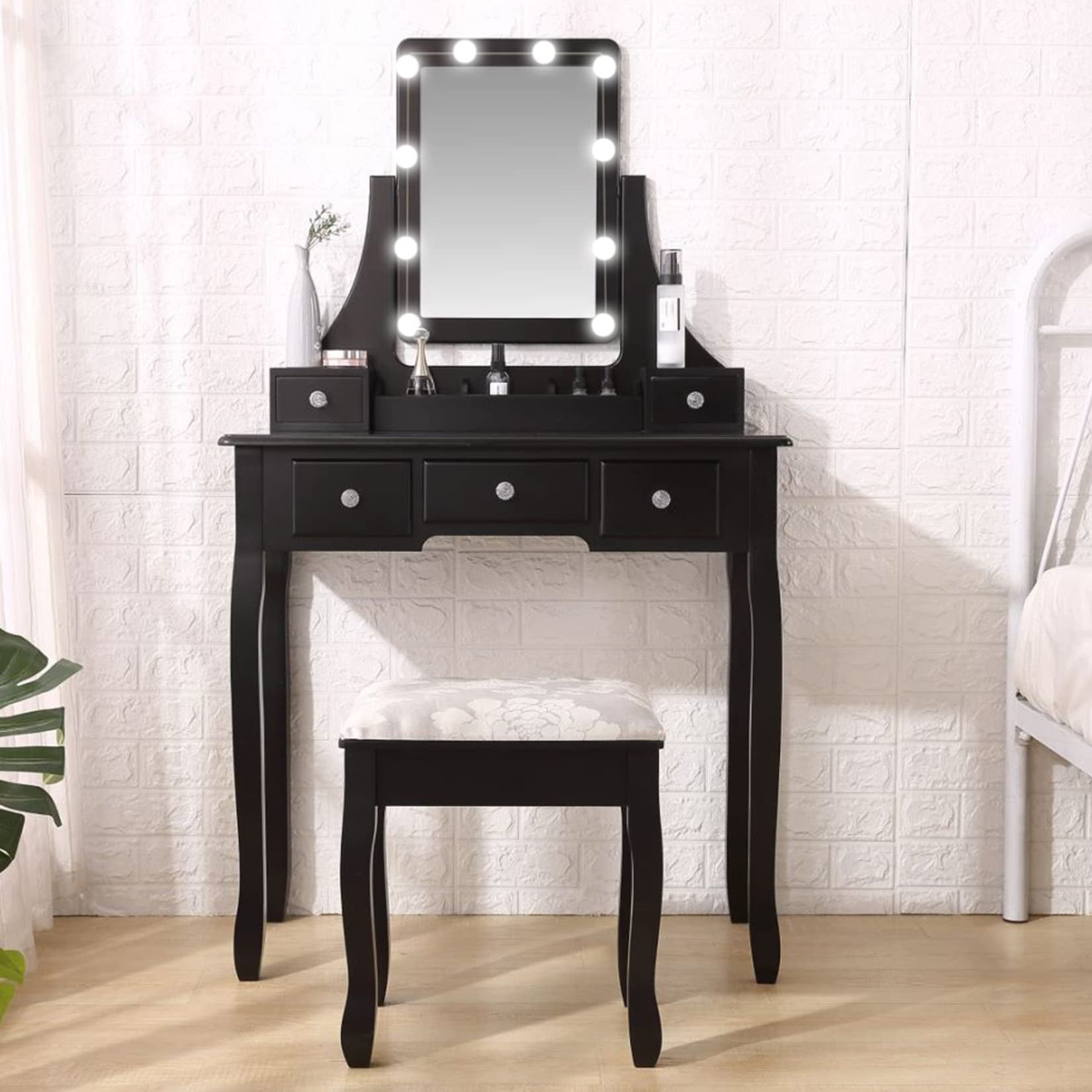 Lowest Prices - VEANERWOOD Makeup Vanity Table with 10 Led Lights, Lighted Mirror Vanity Desk with Cushioned Stool Set, 5 Drawers and 2 Shelves, Bedroom Dressing Vanity, Luxurious, Black
