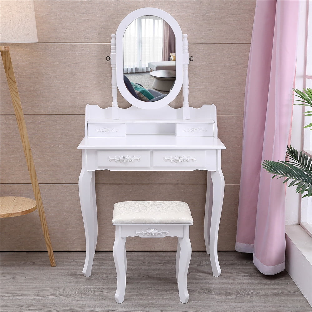 Lowest Prices - Ktaxon Vanity Jewelry Wooden Makeup Dressing Table Set W/Stool Mirror Cabinet &4 Drawer
