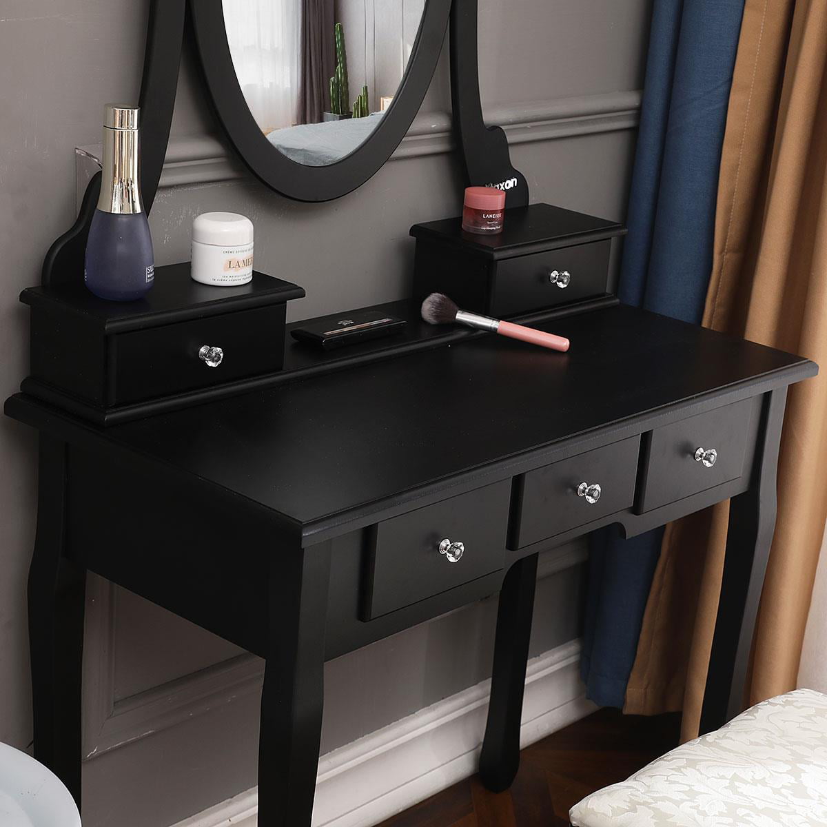 Lowest Prices - Ktaxon Black Vanity Set with Stool,Makeup Table with 5 Drawers & Mirror, Room Dresser