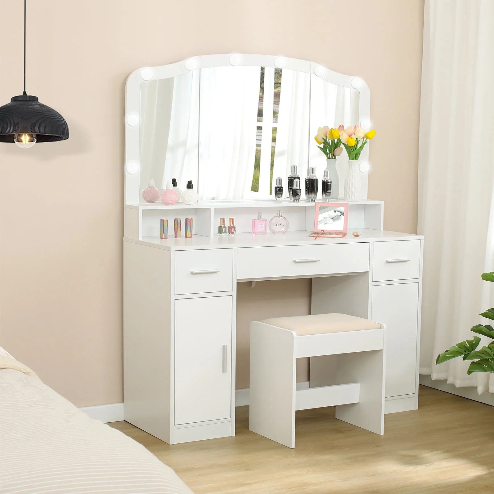 Lowest Prices - USIKEY Large Vanity Set with Large Lighted Mirror, Modern Makeup Vanity Table with 3 Drawers, 2 Storage Cabinets & 10 LED Bulbs and Cushioned Stool for Women, Bedroom, WhiteSZT32WD