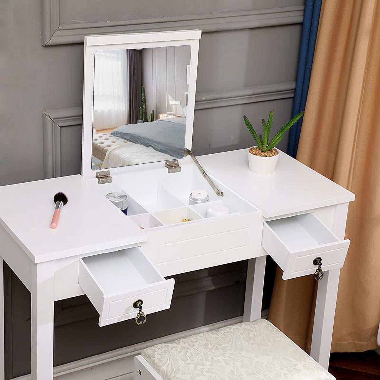 Lowest Prices - Ktaxon Dressing Table Vanity Set Makeup Table with Flip-top Mirror,Cushioned Stool and 2 drawers,White