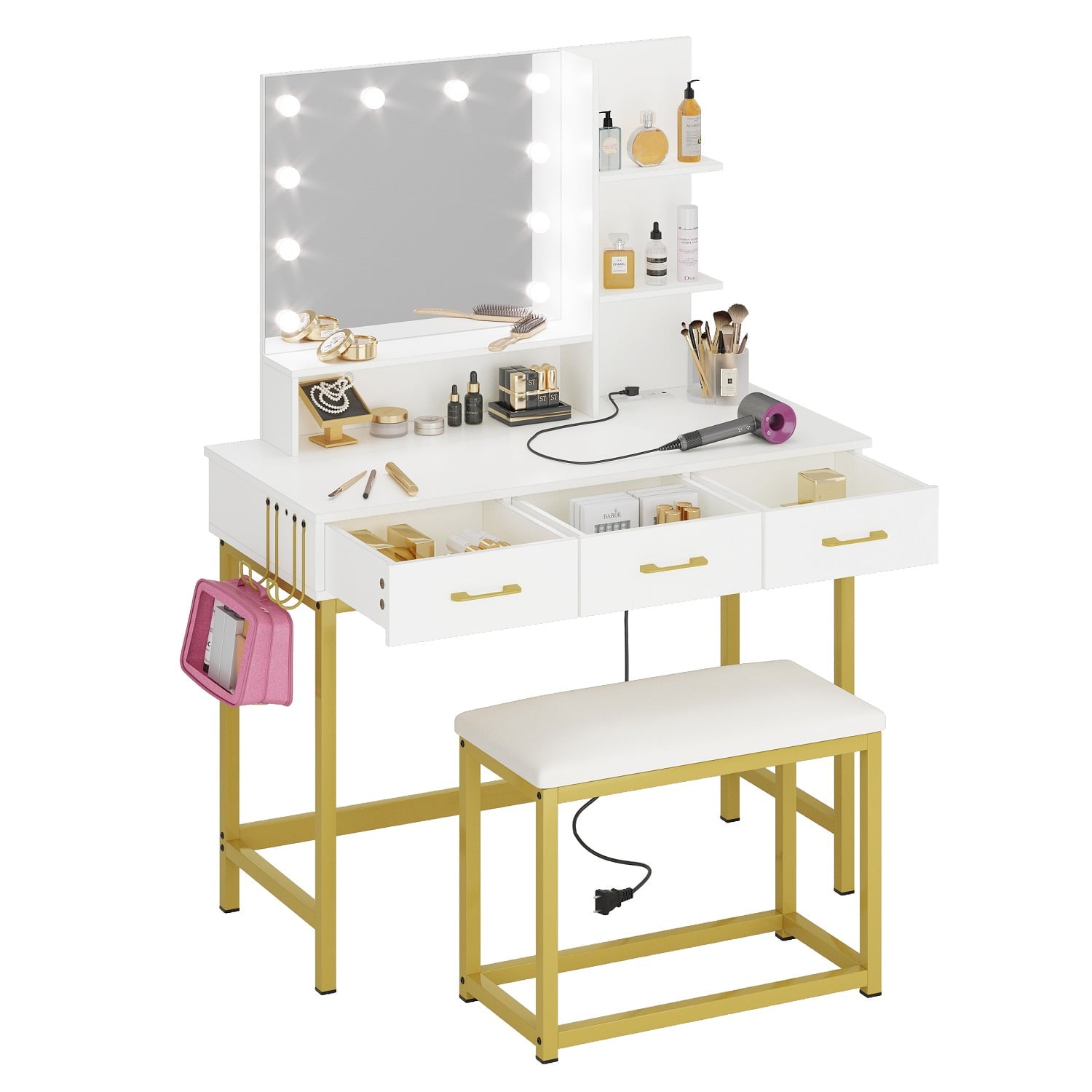 Lowest Prices - Bestier Vanity Set with Lighted Mirror & Power Outlet, Makeup Table with Drawers & Cushioned Stool for Bedroom in White