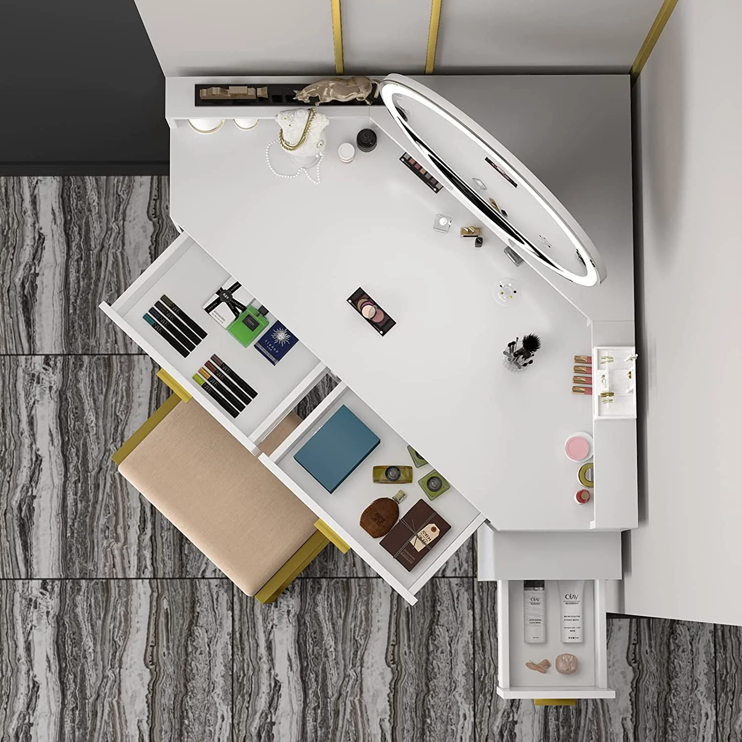 Lowest Prices - Corner Vanity Set with Lighted Mirror, Makeup Vanity Dressing Table with Drawers, Cabinet and Cushioned Stool, Girls Vanity Desk for Bathroom, Bedroom, White by TZUTOGETHER