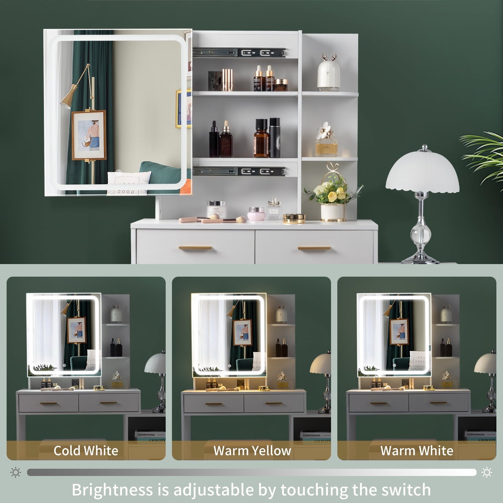 Lowest Prices - Ktaxon 3 Color Lighted Vanity Table with Sliding Mirror Vanity Set with Storage Drawers Hidden Shelves Cushion Stool White