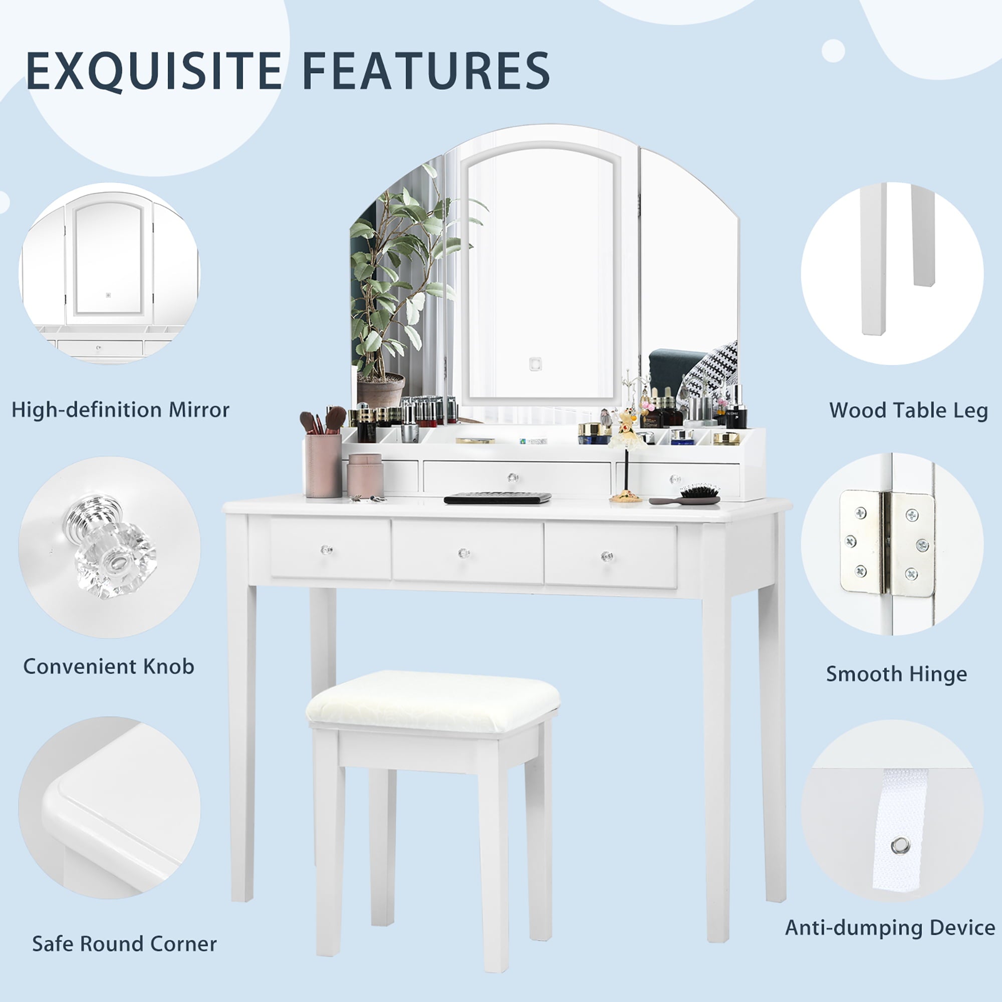Lowest Prices - Costway Vanity Table Stool Set Large Tri-folding Lighted Mirror 6 Drawer Dresser White