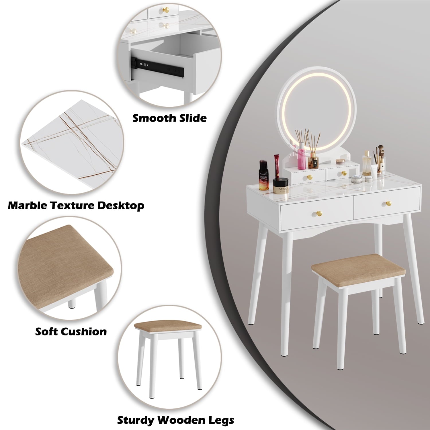 Lowest Prices - Furmax Vanity Table with Lighted Mirror, Vanity Desk with Stool, Dressing Table with 4 Drawers, Makeup Vanity Set, White Finish, for Bedroom
