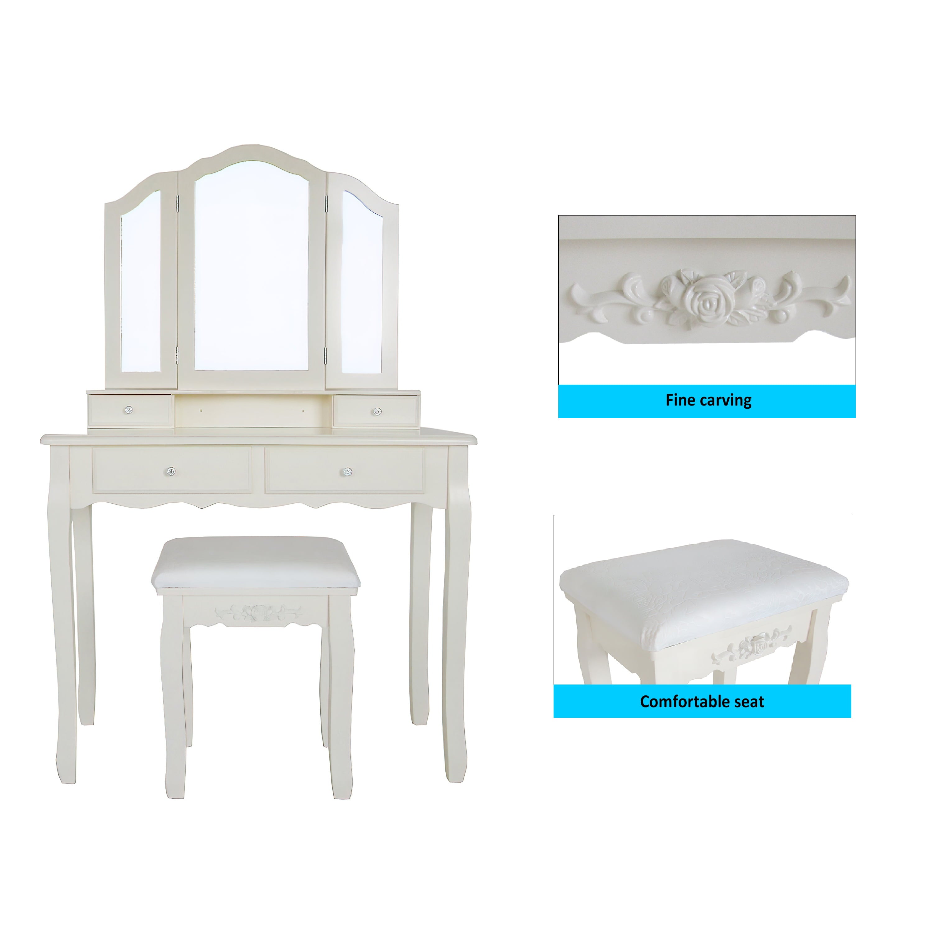Lowest Prices - 35 Inch 3 Piece Vanity Desk Set with Cushioned Stool and Elegant Trifold Mirror, 4 Drawers, Off White Solid Wood-Saltoro