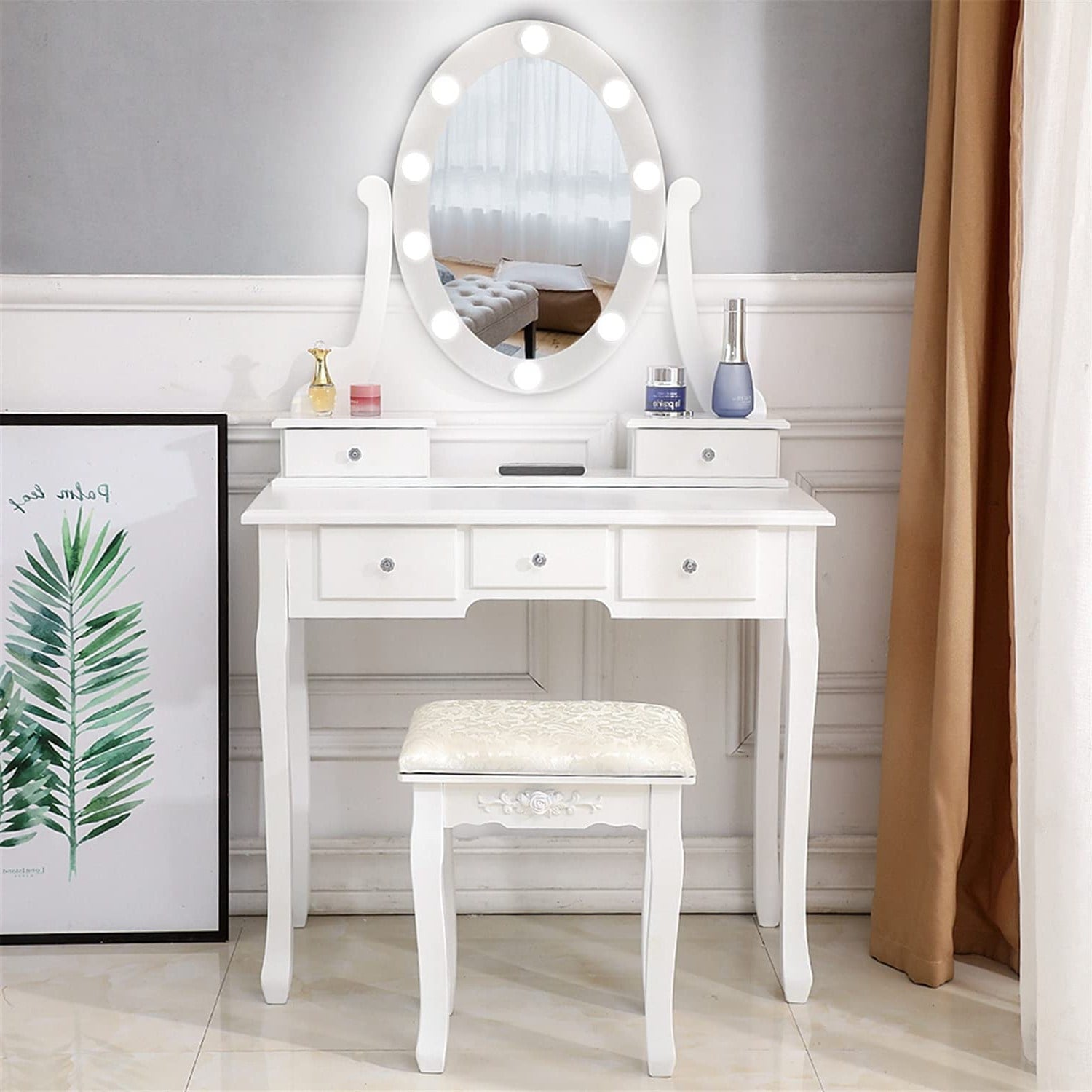 Lowest Prices - Ktaxon Vanity Table 10 LED Lights, 5 Drawers Makeup Dressing Desk with Cushioned Stool Set,Bedroom Vanities Set White