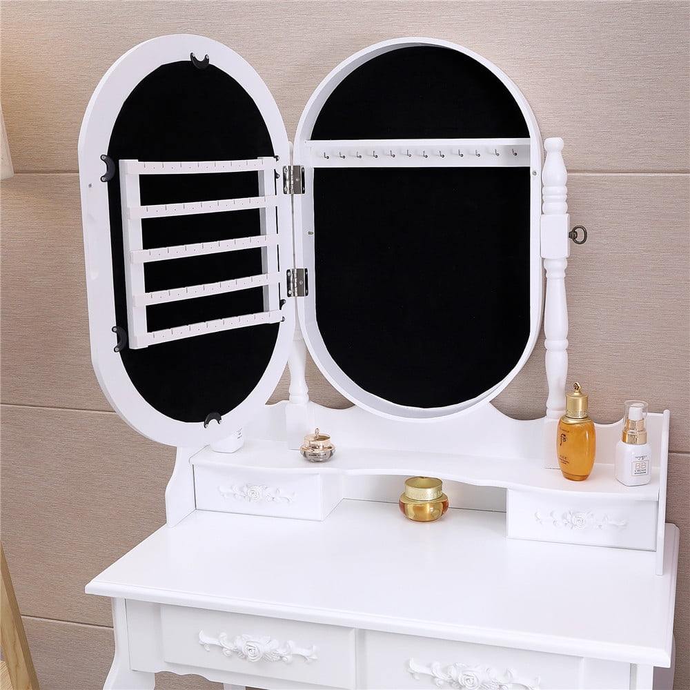Lowest Prices - Ktaxon Vanity Jewelry Wooden Makeup Dressing Table Set W/Stool Mirror Cabinet &4 Drawer