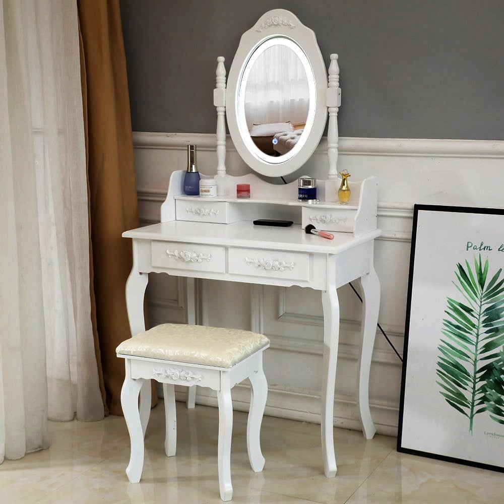 Lowest Prices - Ktaxon Elegance White Dressing Table Vanity Table and Stool Set Wood Makeup Desk with 4 Drawers & Lighted LED Touch Screen Mirror