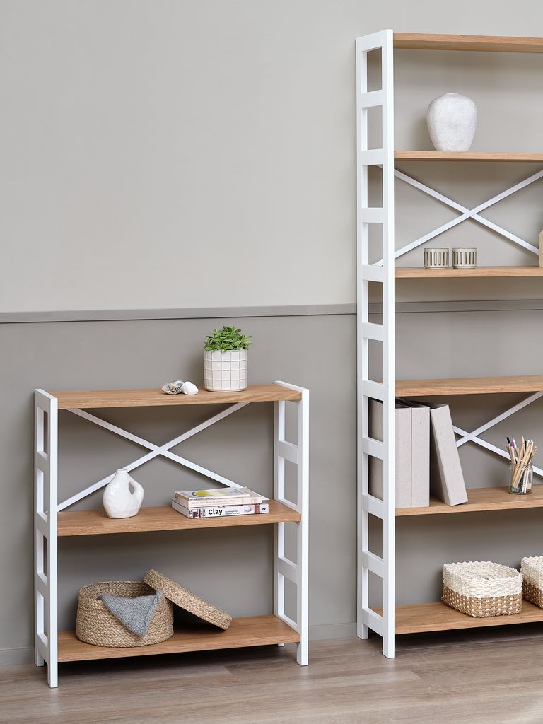 Shelving unit INTRUP wide 3 shelves white/oak
