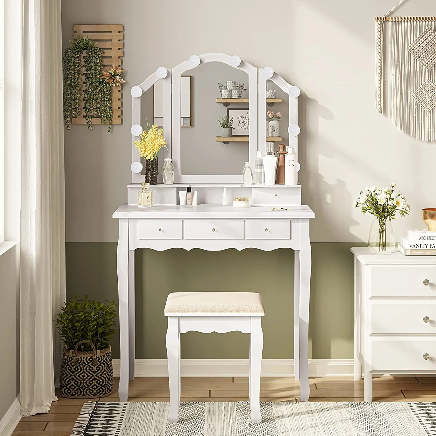 Lowest Prices - Makeup Vanity Set Desk Table with with Lights & Tri-Folding Mirror,Dressing Table with Cushion Stool & 5 Drawers, White