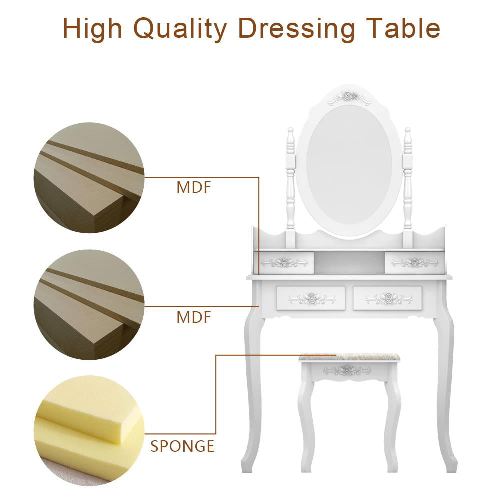 Lowest Prices - Ktaxon Elegance White Dressing Table Vanity Table and Stool Set Wood Makeup Desk with 4 Drawers & Mirror