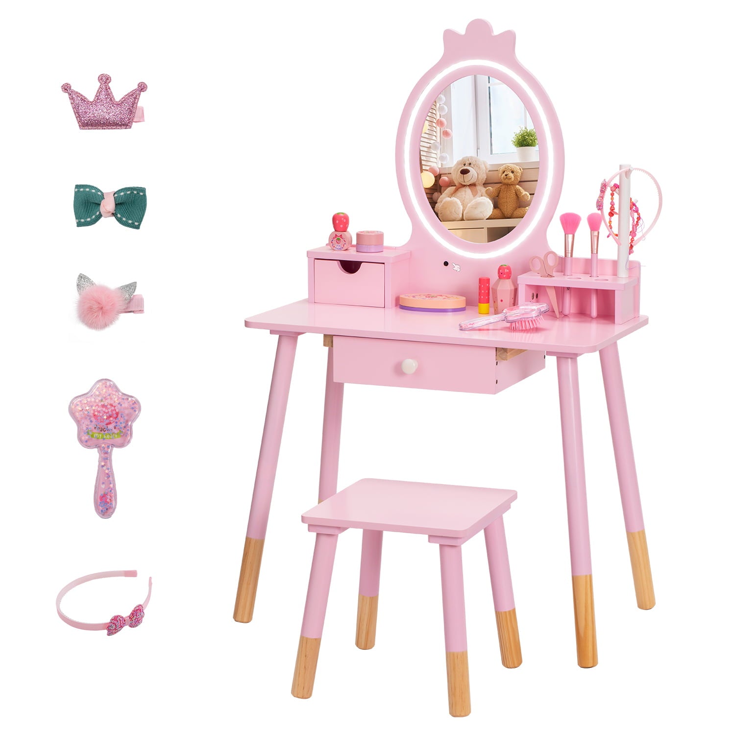 Lowest Prices - BRINJOY Kids Vanity Set with Mirror, Wooden Make Up Beauty Dressing Table with Lights & Stool & Jewelry Rack & Storage Board, Children Princess Vanity Table Pretend Playset for Girls