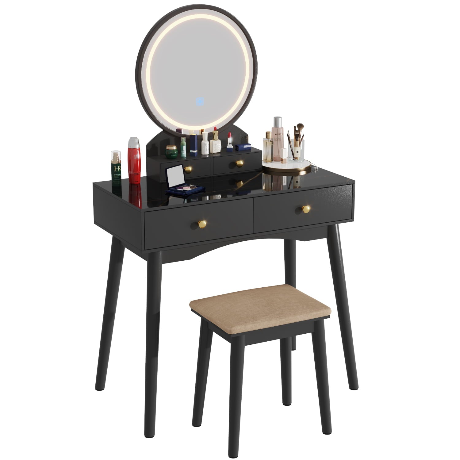 Lowest Prices - Furmax Vanity Table with Lighted Mirror, Vanity Desk with Stool, Dressing Table with 4 Drawers, Makeup Vanity Set, Black Finish, for Bedroom