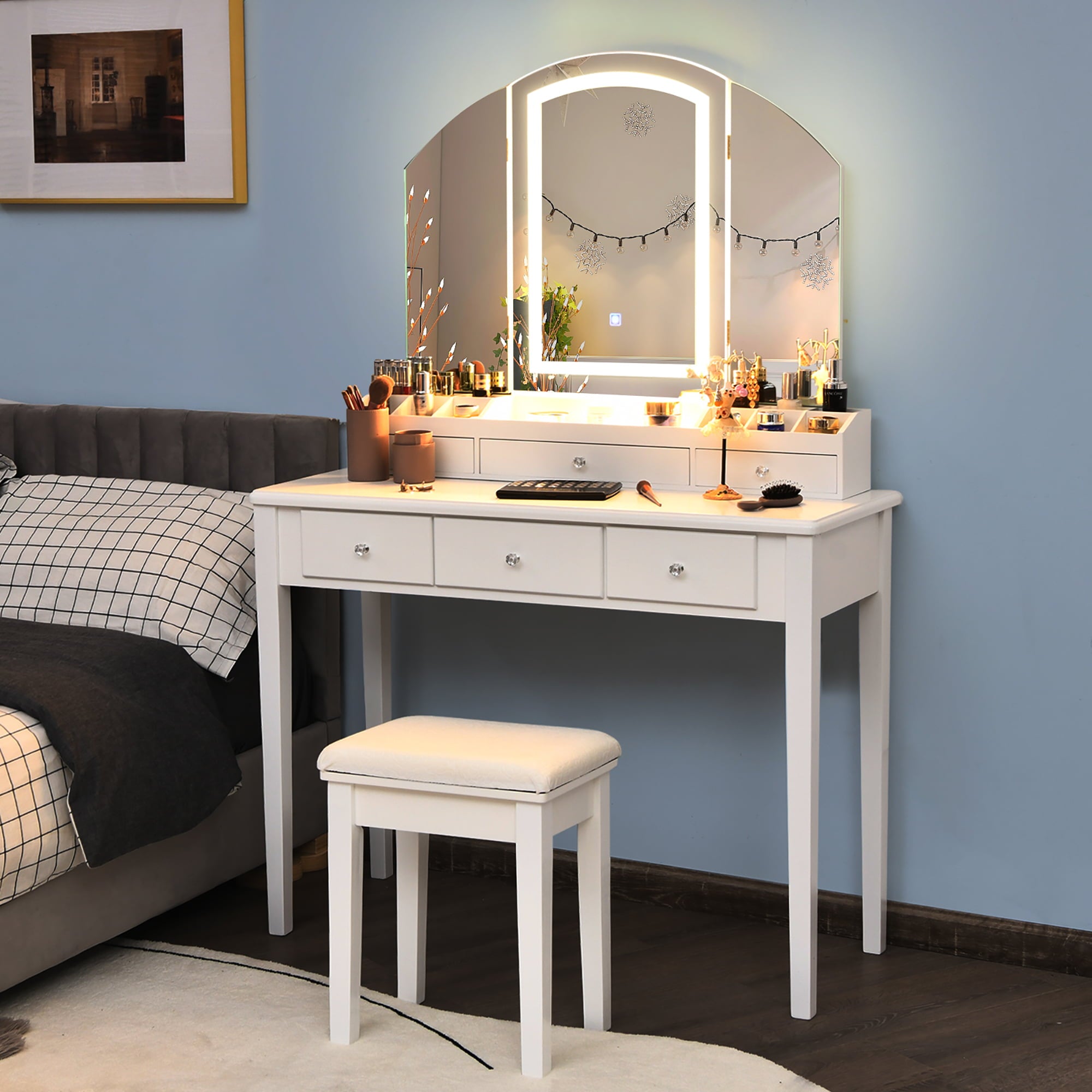 Lowest Prices - Costway Vanity Table Stool Set Large Tri-folding Lighted Mirror 6 Drawer Dresser White