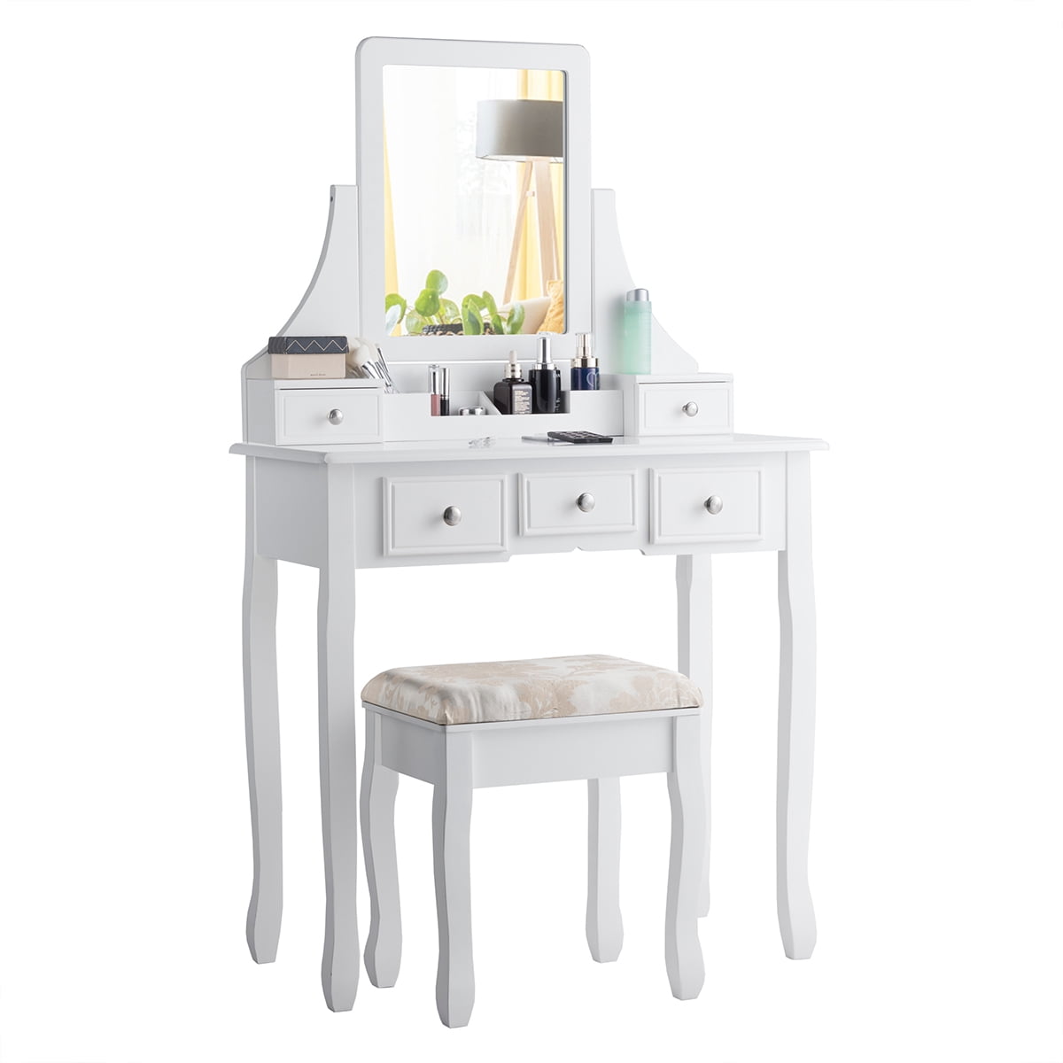 Lowest Prices - Gymax Vanity Set Makeup Dressing Table & Stool w/5 Drawers White