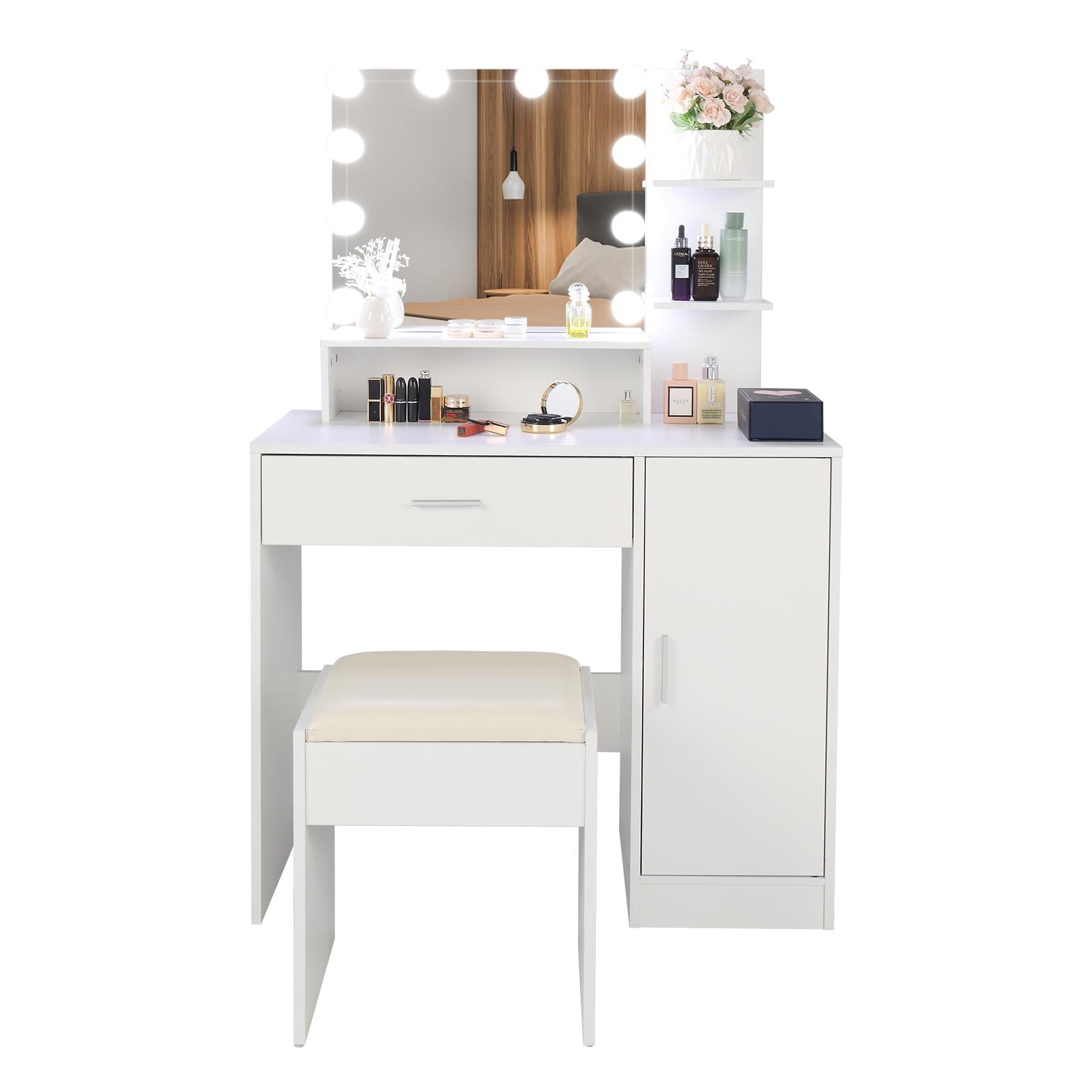 Lowest Prices - Ktaxon Vanity Set with 3 Color Lighted Mirror, Makeup Table with 3 Storage Shelves & Drawers, Dressing Table Makeup Desk with Stool,White