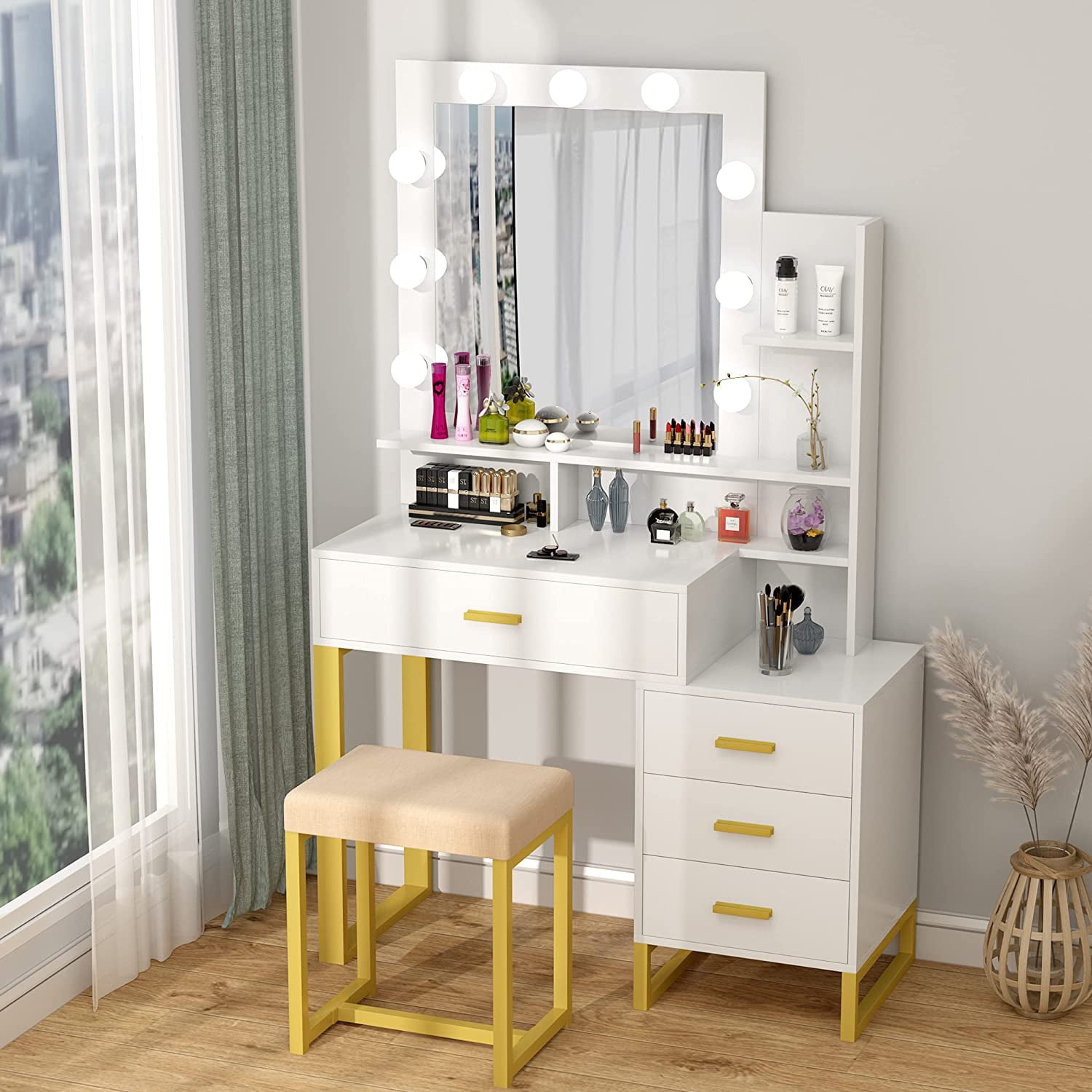 Lowest Prices - Pakasept Vanity Set with Lighted Mirror, Makeup Vanity Dressing Table with LED Light, Drawers, Storage Shelves and Cushioned Stool, Small Vanity Desk for Bedroom