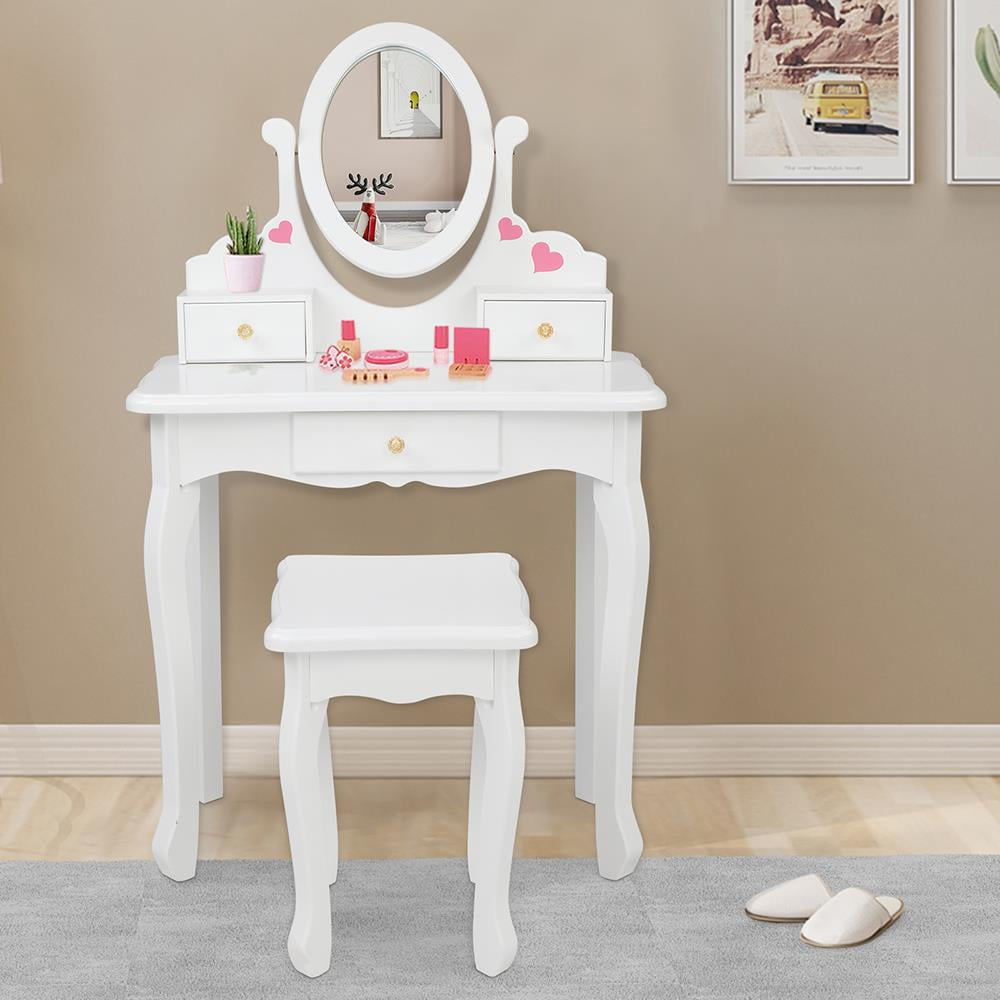 Lowest Prices - BaytoCare Kids Vanity Table Wooden Dressing Table with Stool and Drawer