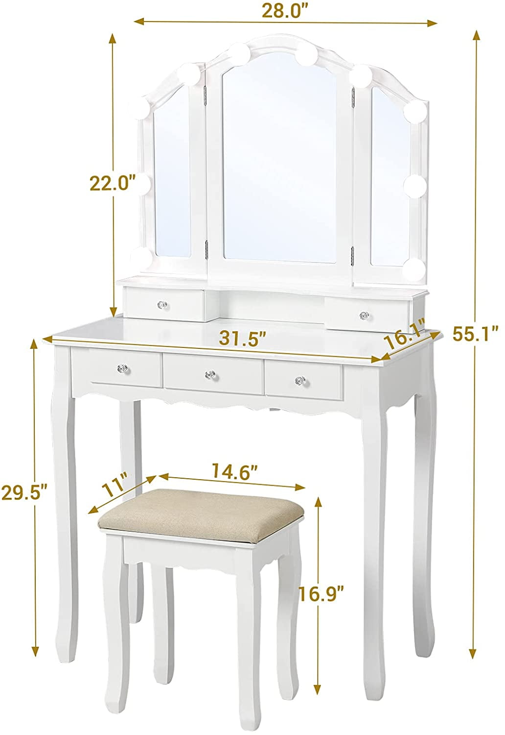 Lowest Prices - Tiptiper Vanity Table Set with Lighted Tri-Fold Mirror and Stool, Makeup Vanity Dressing Desk 5 Drawers, White