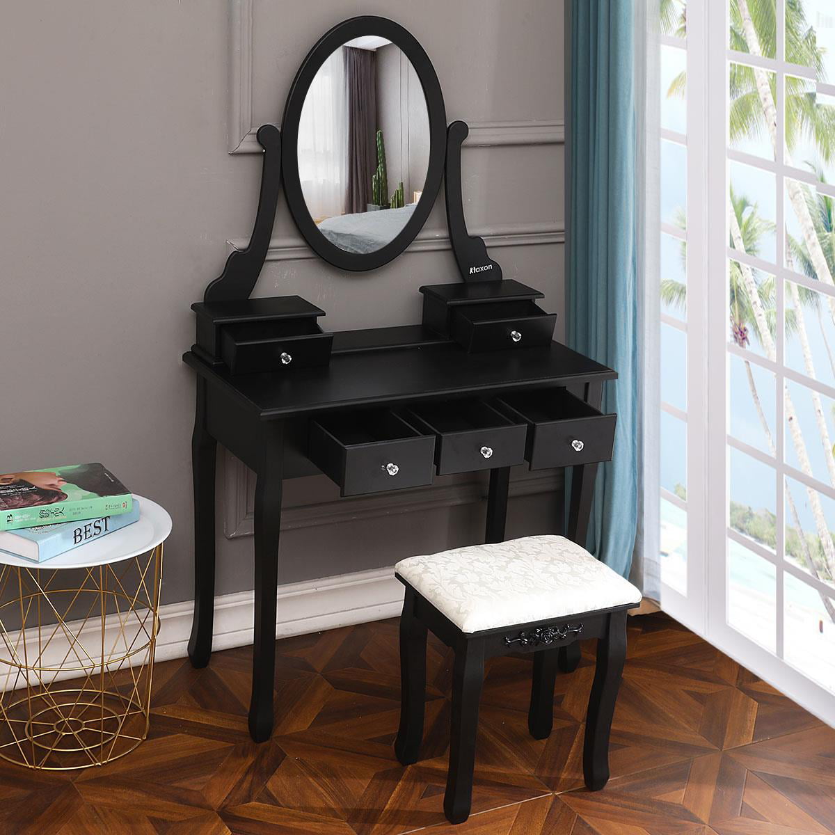 Lowest Prices - Ktaxon Black Vanity Set with Stool,Makeup Table with 5 Drawers & Mirror, Room Dresser