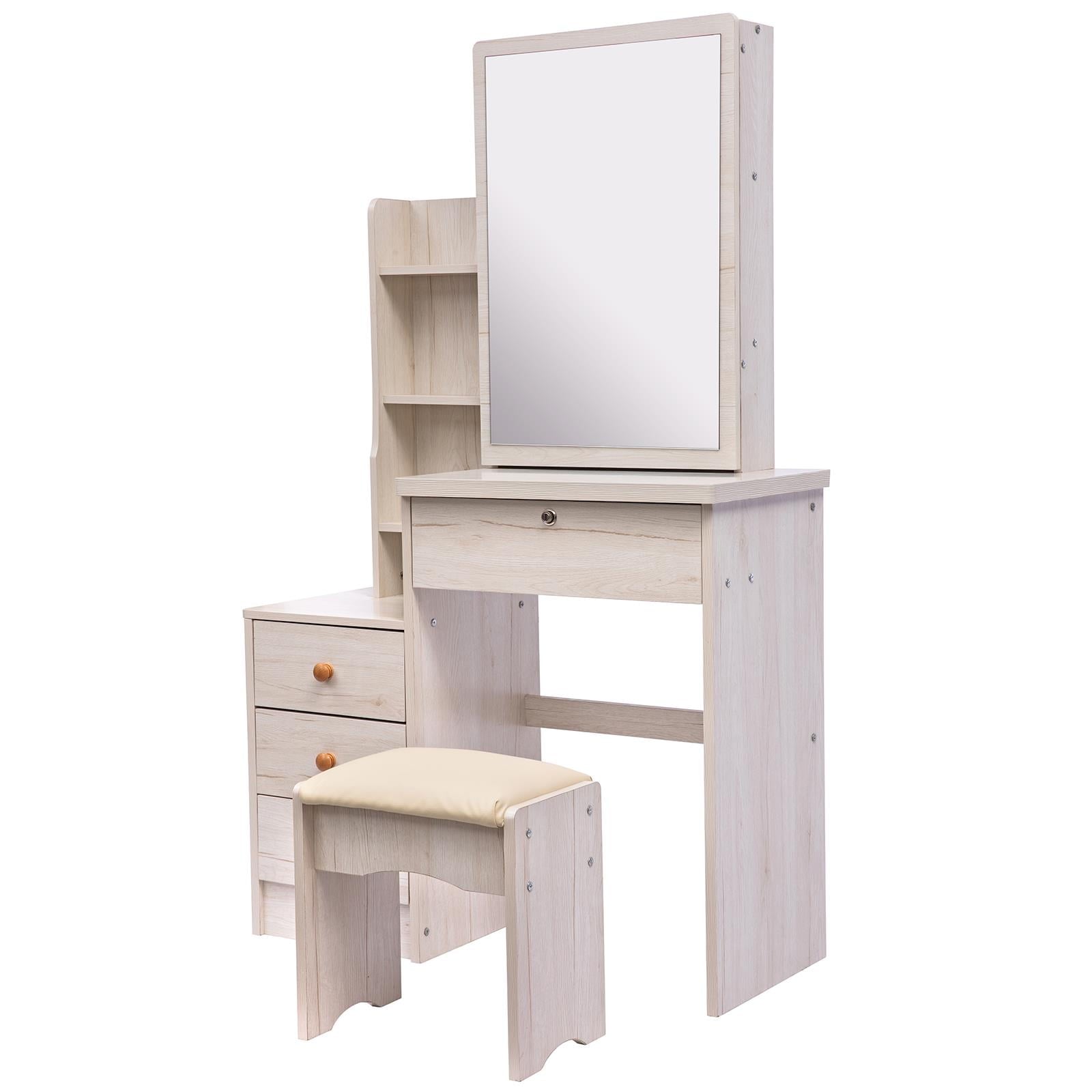 Lowest Prices - UBesGoo Vanity Set with Sliding Mirror, Makeup Vanity Dressing Table with 4 Drawers, Shelves, Dresser Desk and Cushioned Stool Set (White Oak Color)
