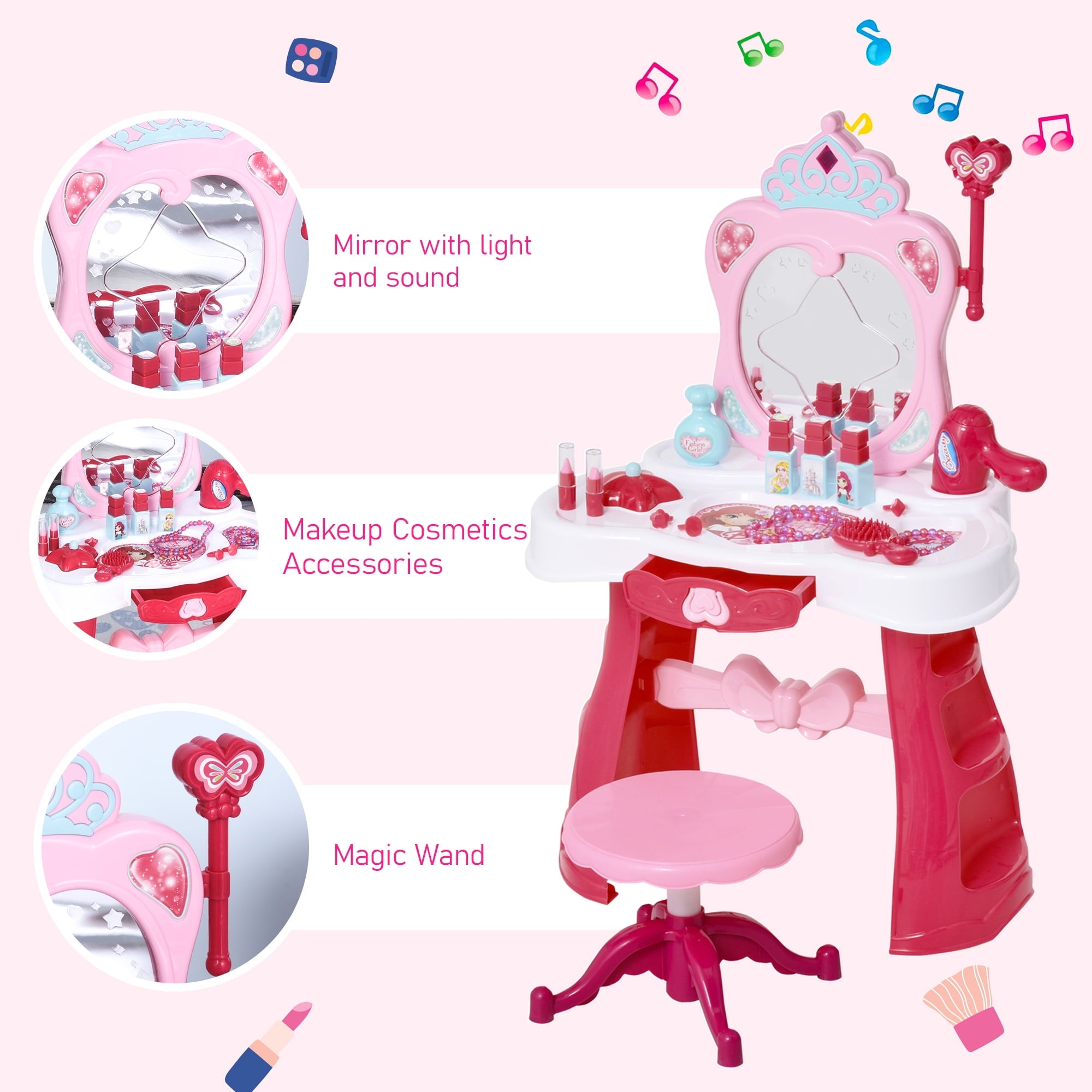 Lowest Prices - Qaba Children Dressing Table Set for Kids of 3-6 Years Dream Princess Vanity Set for Girls Make Up Table and Stool Set with Music and Lightening Pink White