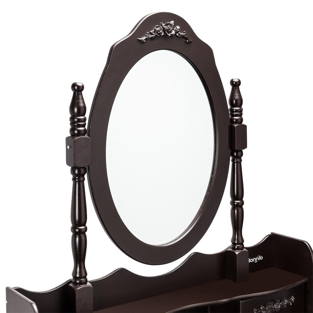Lowest Prices - UBesGoo 4 Drawer Vanity Makeup Dressing Table Set w/Stool&Mirror Jewelry Wood Brown