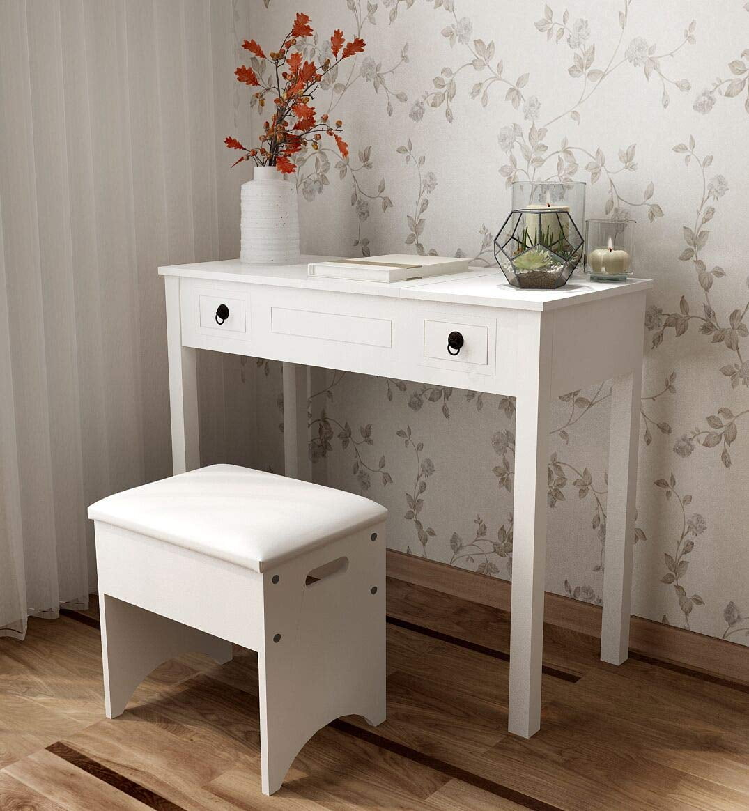 Lowest Prices - Ktaxon Dressing Table Vanity Set Makeup Table with Flip-top Mirror,Cushioned Stool and 2 drawers,White