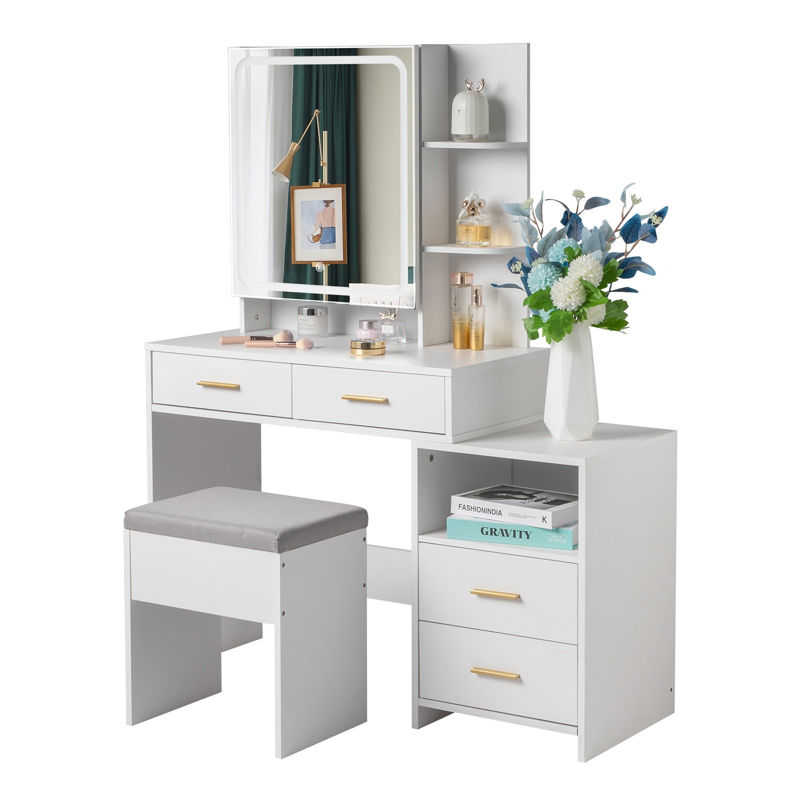 Lowest Prices - Ktaxon 3 Color Lighted Vanity Table with Sliding Mirror Vanity Set with Storage Drawers Hidden Shelves Cushion Stool White