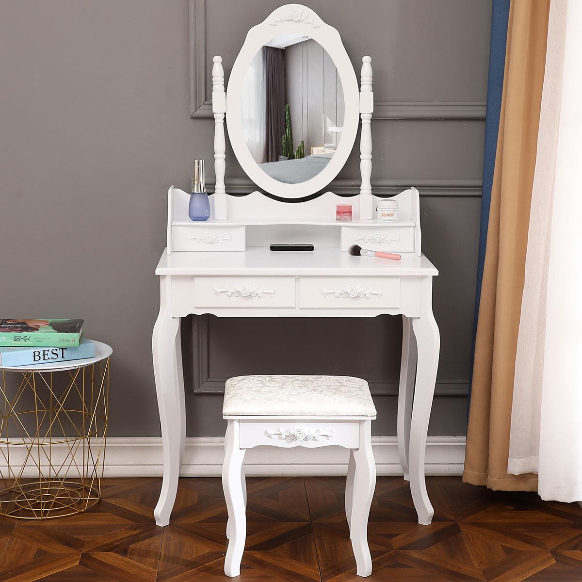 Lowest Prices - Ktaxon Elegance White Dressing Table Vanity Table and Stool Set Wood Makeup Desk with 4 Drawers & Mirror