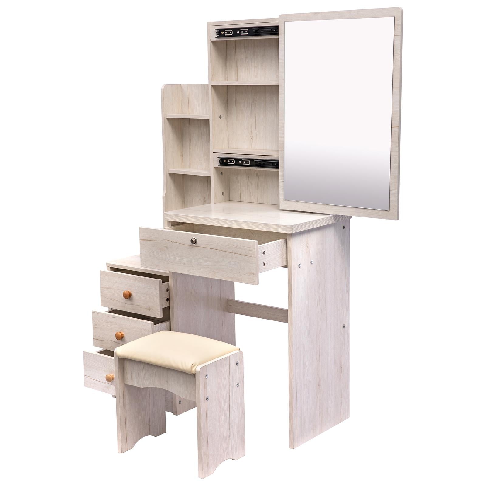 Lowest Prices - UBesGoo Vanity Set with Sliding Mirror, Makeup Vanity Dressing Table with 4 Drawers, Shelves, Dresser Desk and Cushioned Stool Set (White Oak Color)