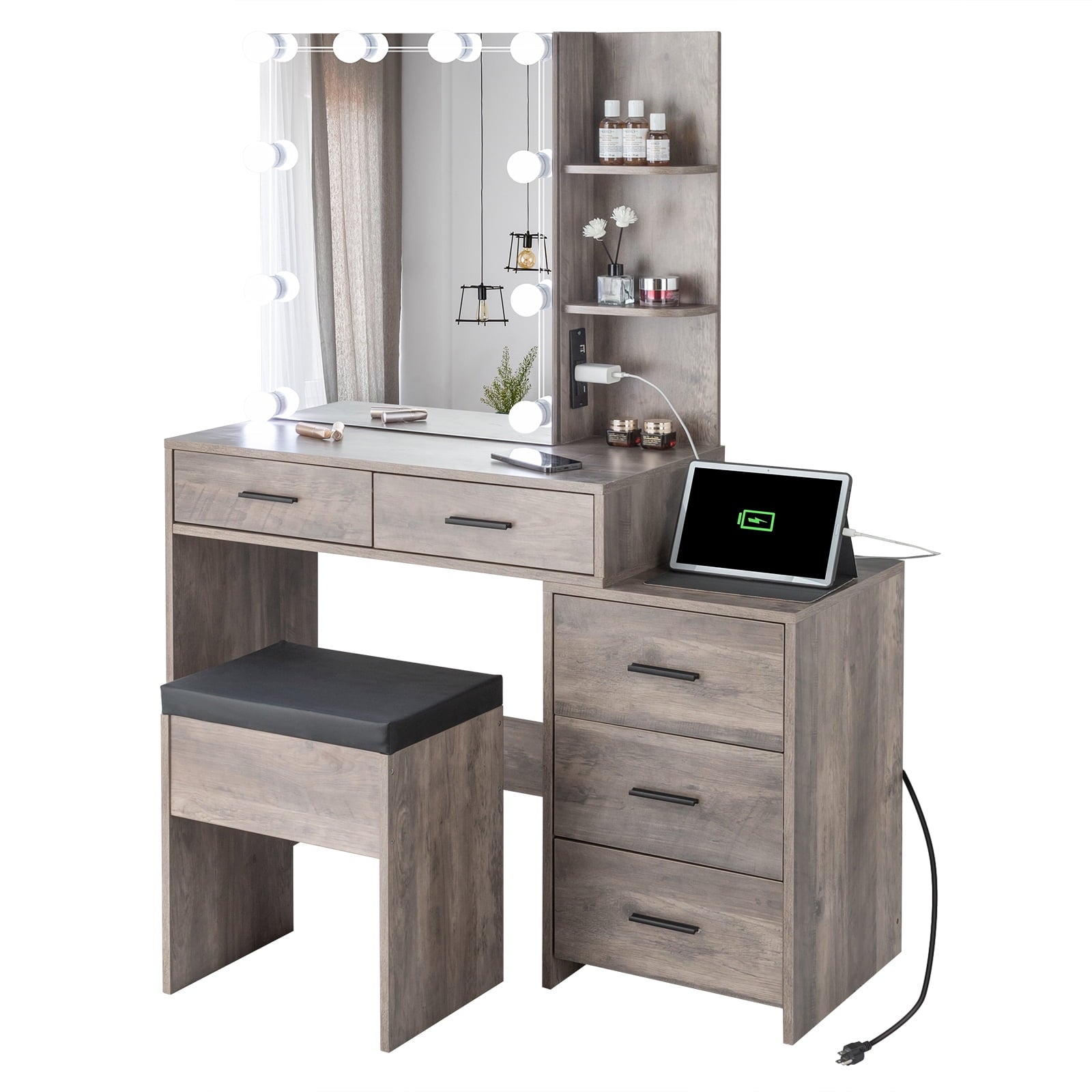 Lowest Prices - Ktaxon Vanity Set with 3 Color Lighted Mirror & Charging Station, Makeup Table with 3 Storage Shelves & Drawers, Dressing Table Makeup Desk with Stool,Retro Gray